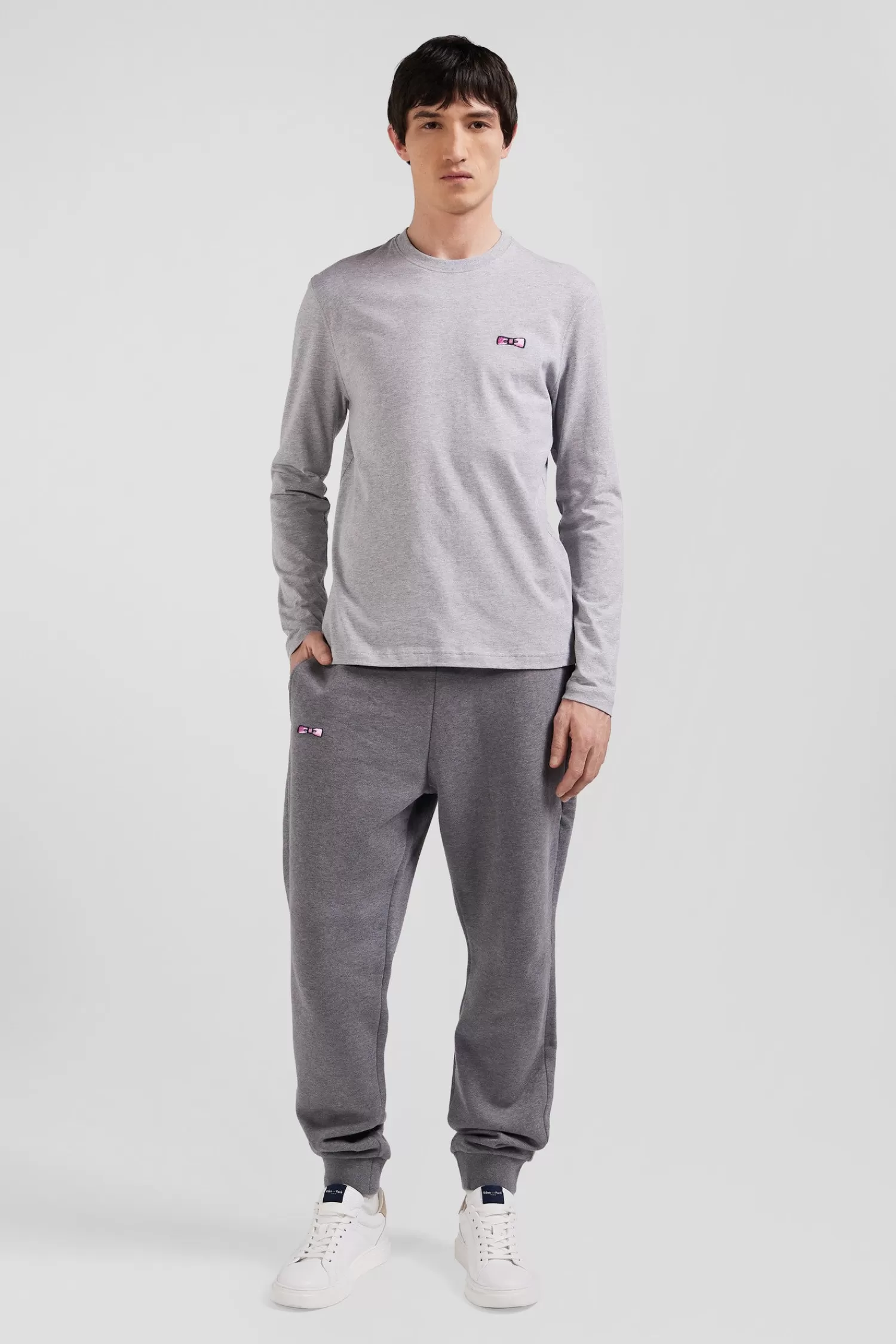 Eden Park Regular grey long-sleeved cotton T-shirt with striped bow tie embroidery< T-shirts