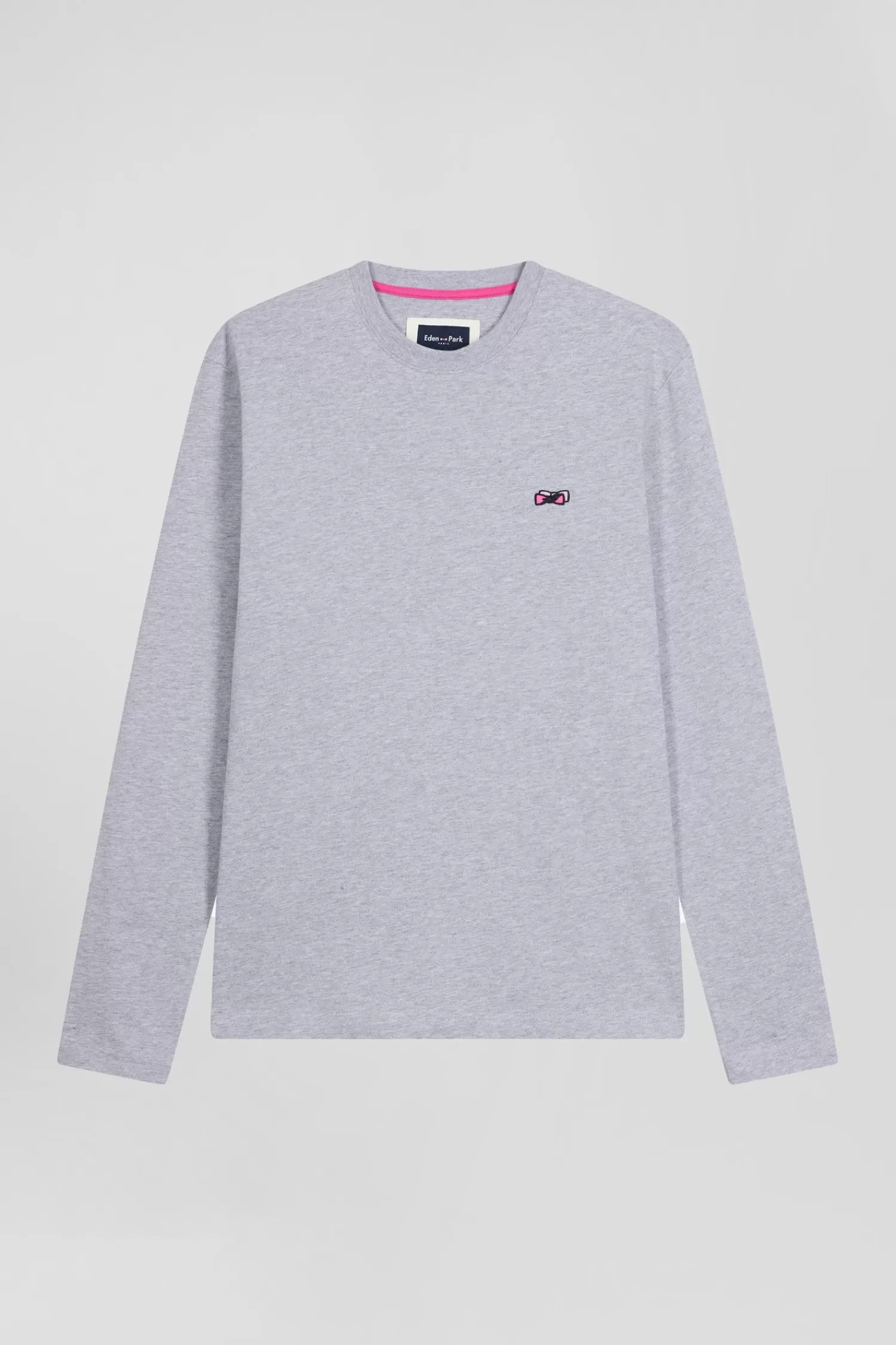 Eden Park Regular grey long-sleeved cotton T-shirt with striped bow tie embroidery< T-shirts