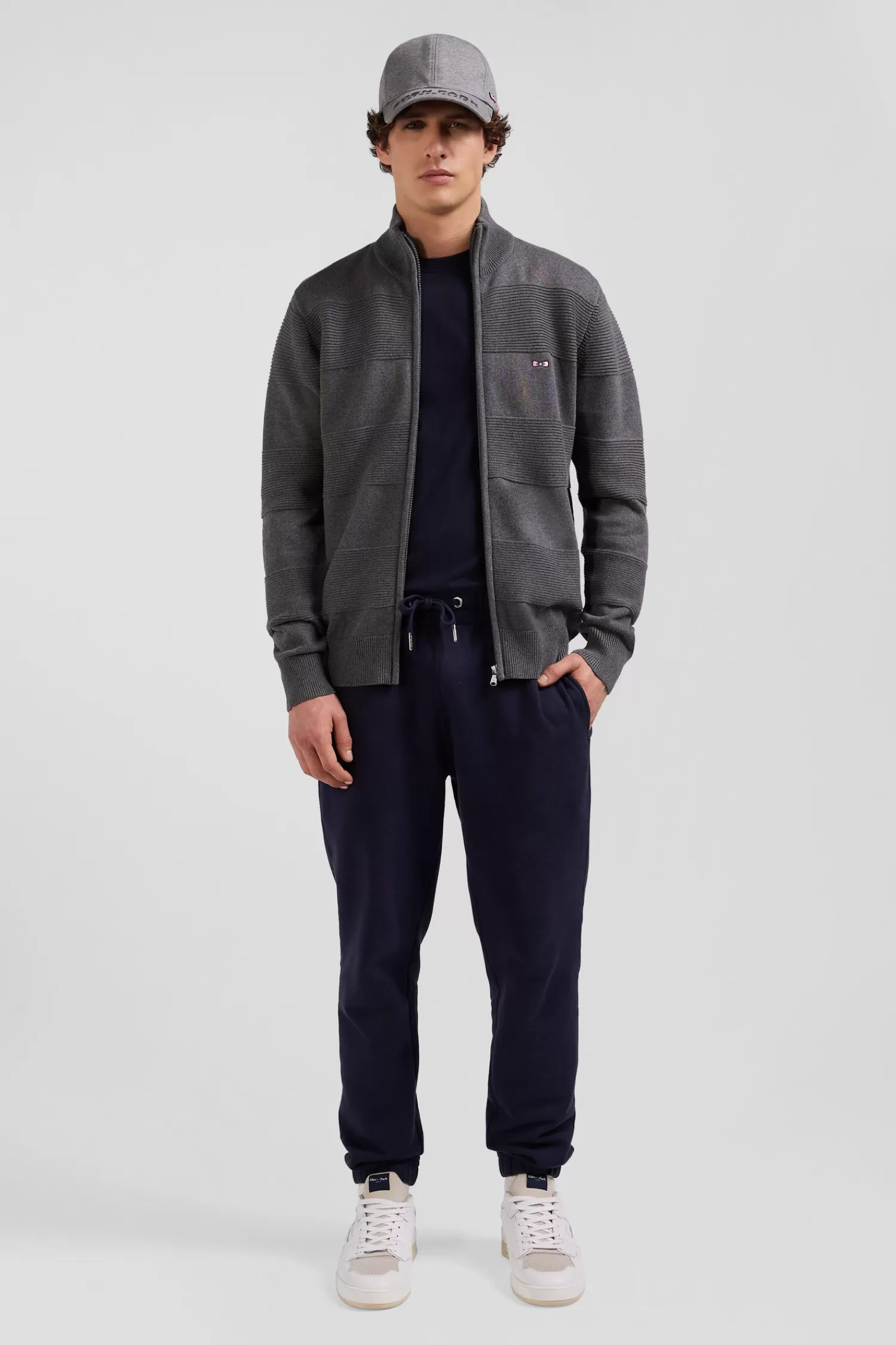 Eden Park Regular grey plain cotton zipped cardigan with knit patterns< Cardigans