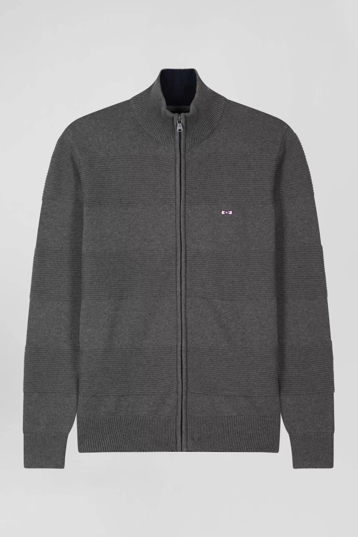 Eden Park Regular grey plain cotton zipped cardigan with knit patterns< Cardigans