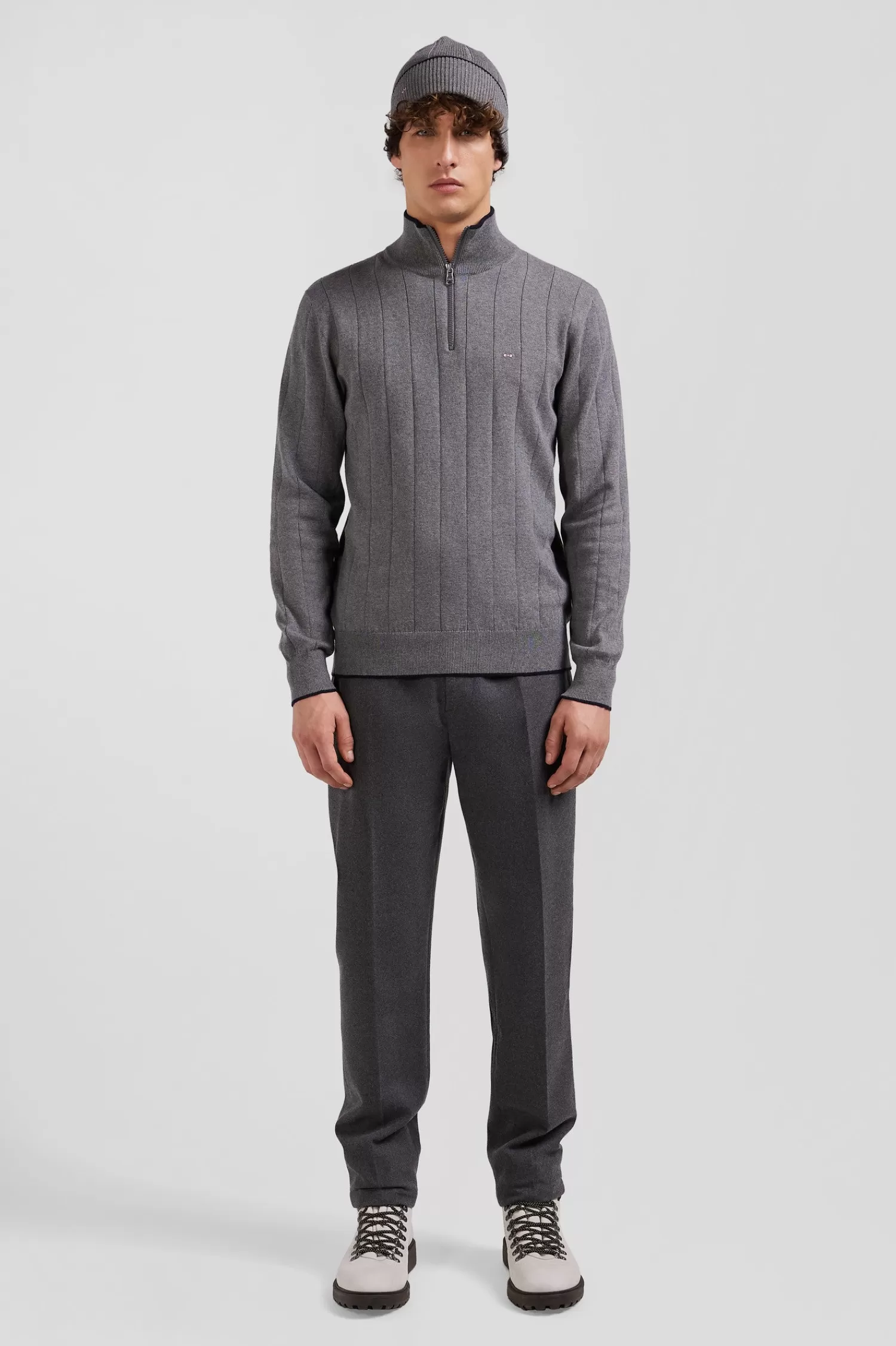 Eden Park Regular grey semi-zipped cotton and cashmere jumper< Sweaters