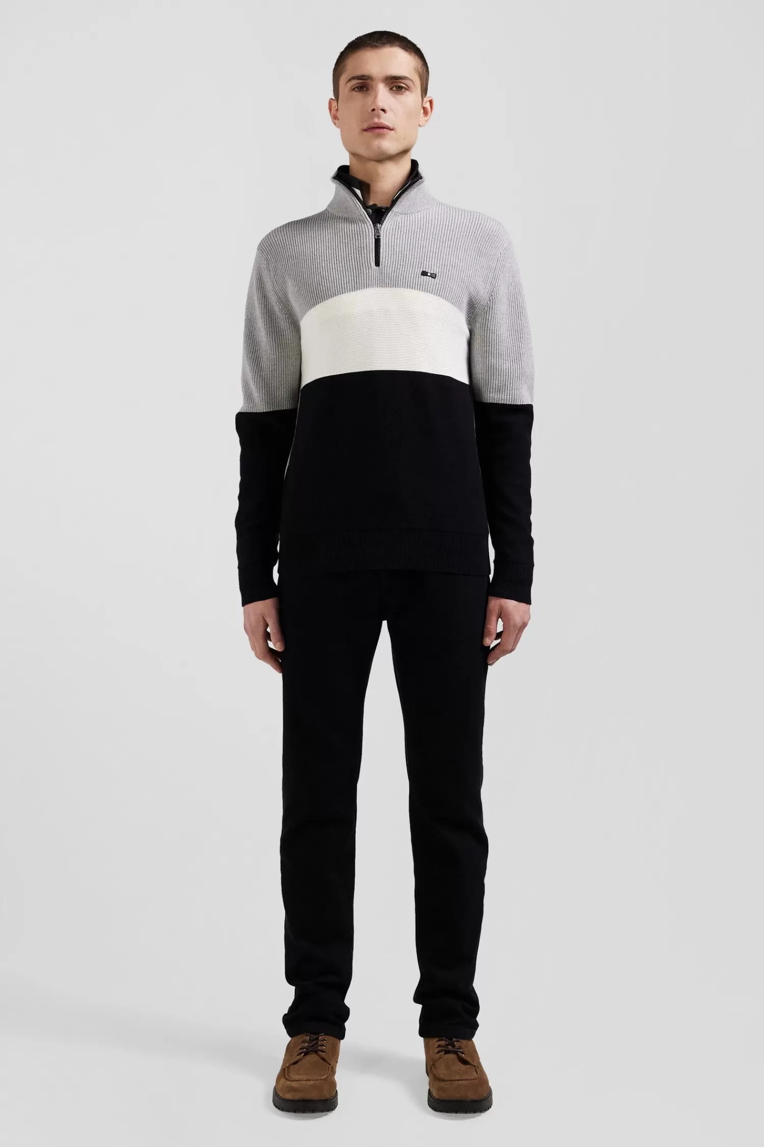 Eden Park Regular grey semi-zipped cotton jumper with knit patterns< Sweaters