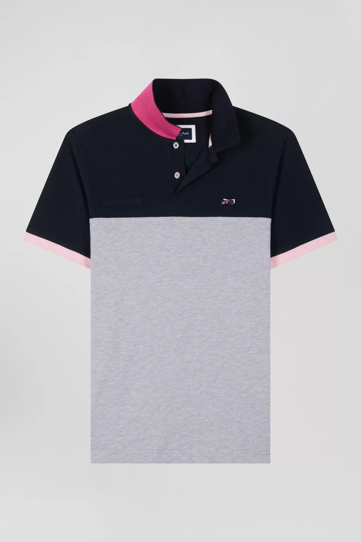 Eden Park Regular grey short-sleeved cotton piqué polo shirt with bow tie embroidery and contrasting details< Polos