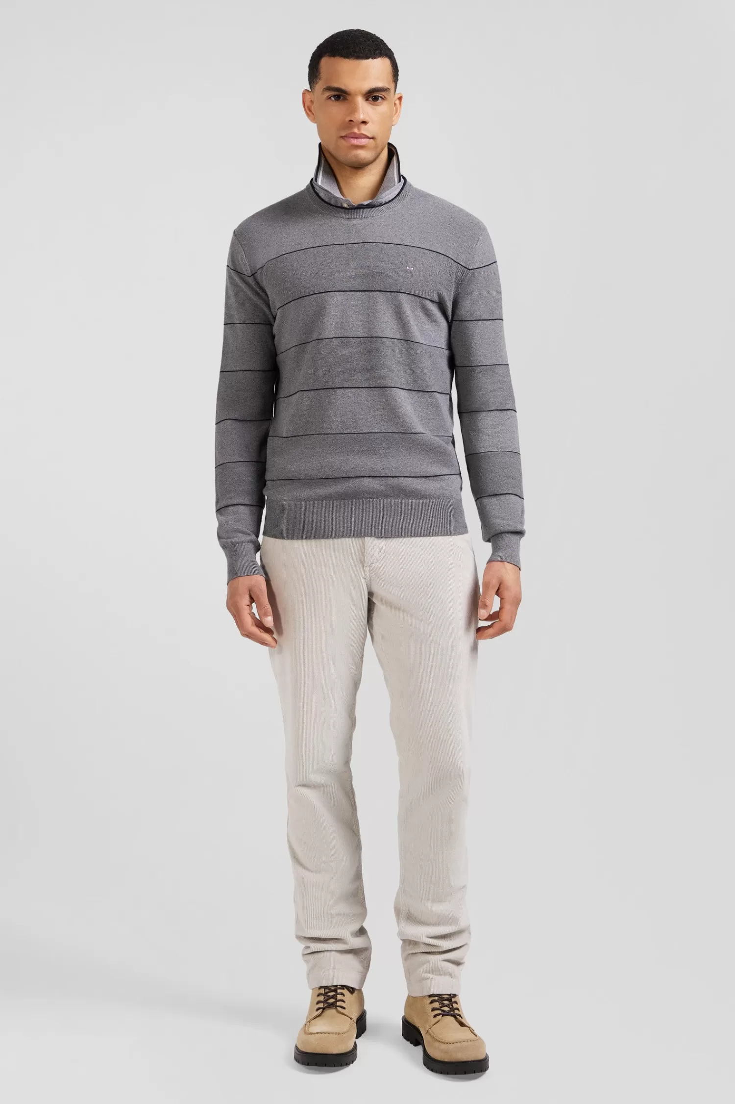 Eden Park Regular grey striped cotton and cashmere crew neck jumper< Sweaters