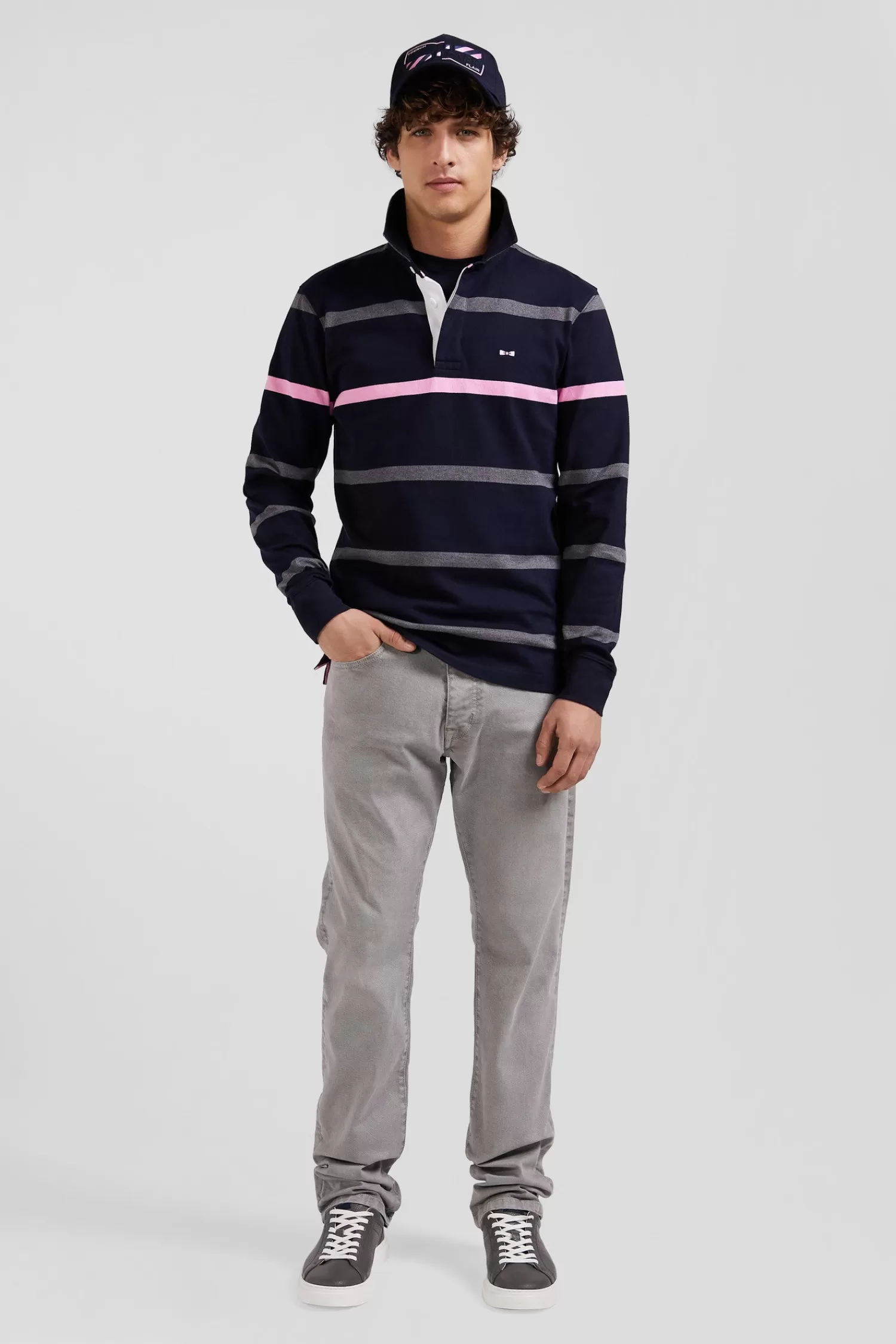 Eden Park Regular grey striped long-sleeved cotton rugby shirt with back embroidery< Rugby Shirts