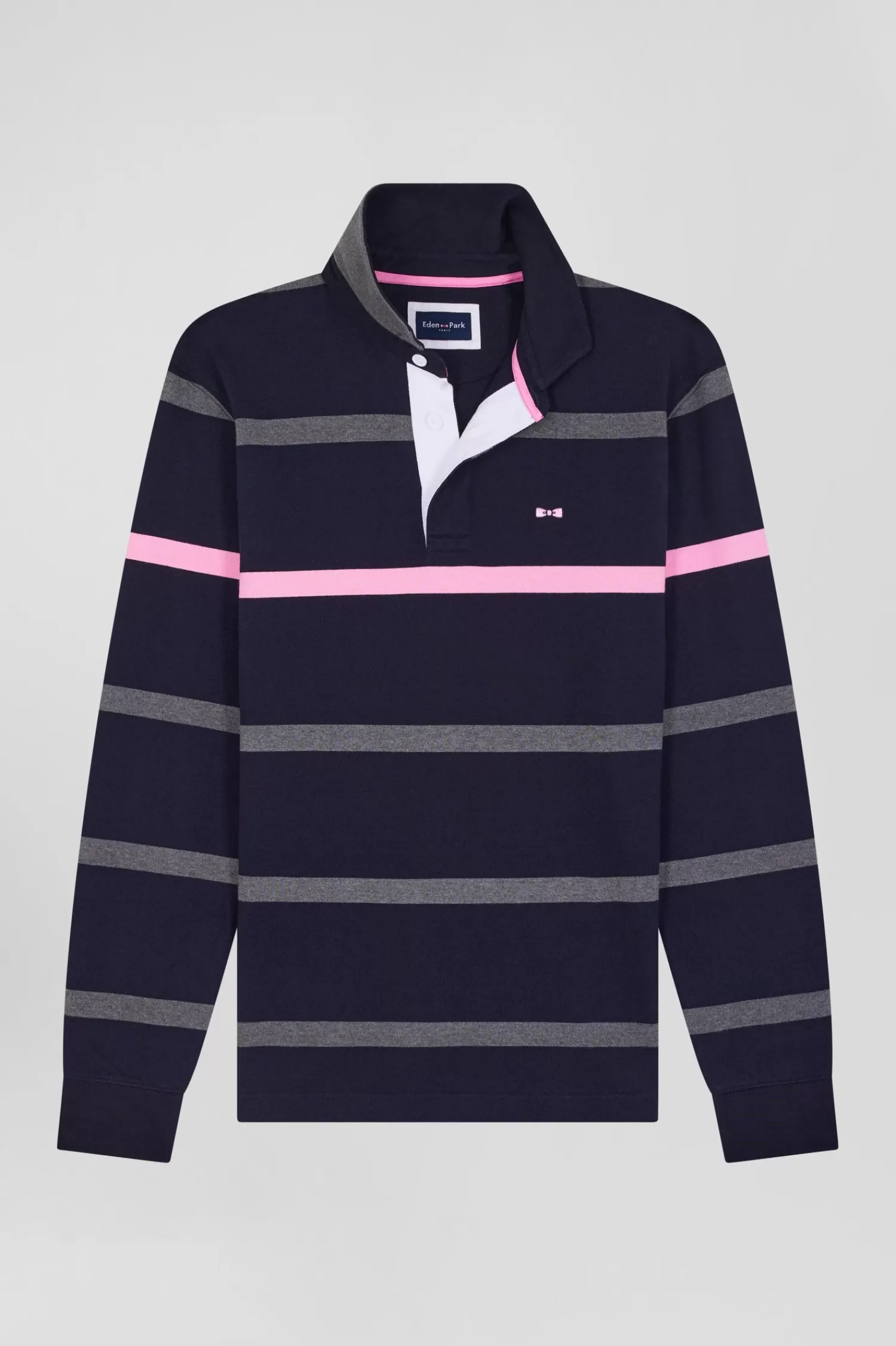 Eden Park Regular grey striped long-sleeved cotton rugby shirt with back embroidery< Rugby Shirts