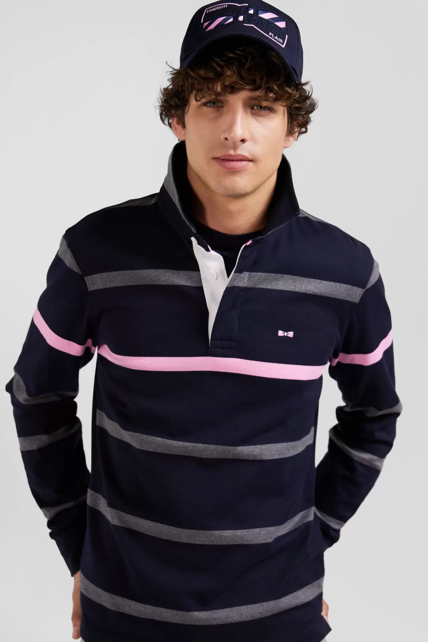 Eden Park Regular grey striped long-sleeved cotton rugby shirt with back embroidery< Rugby Shirts