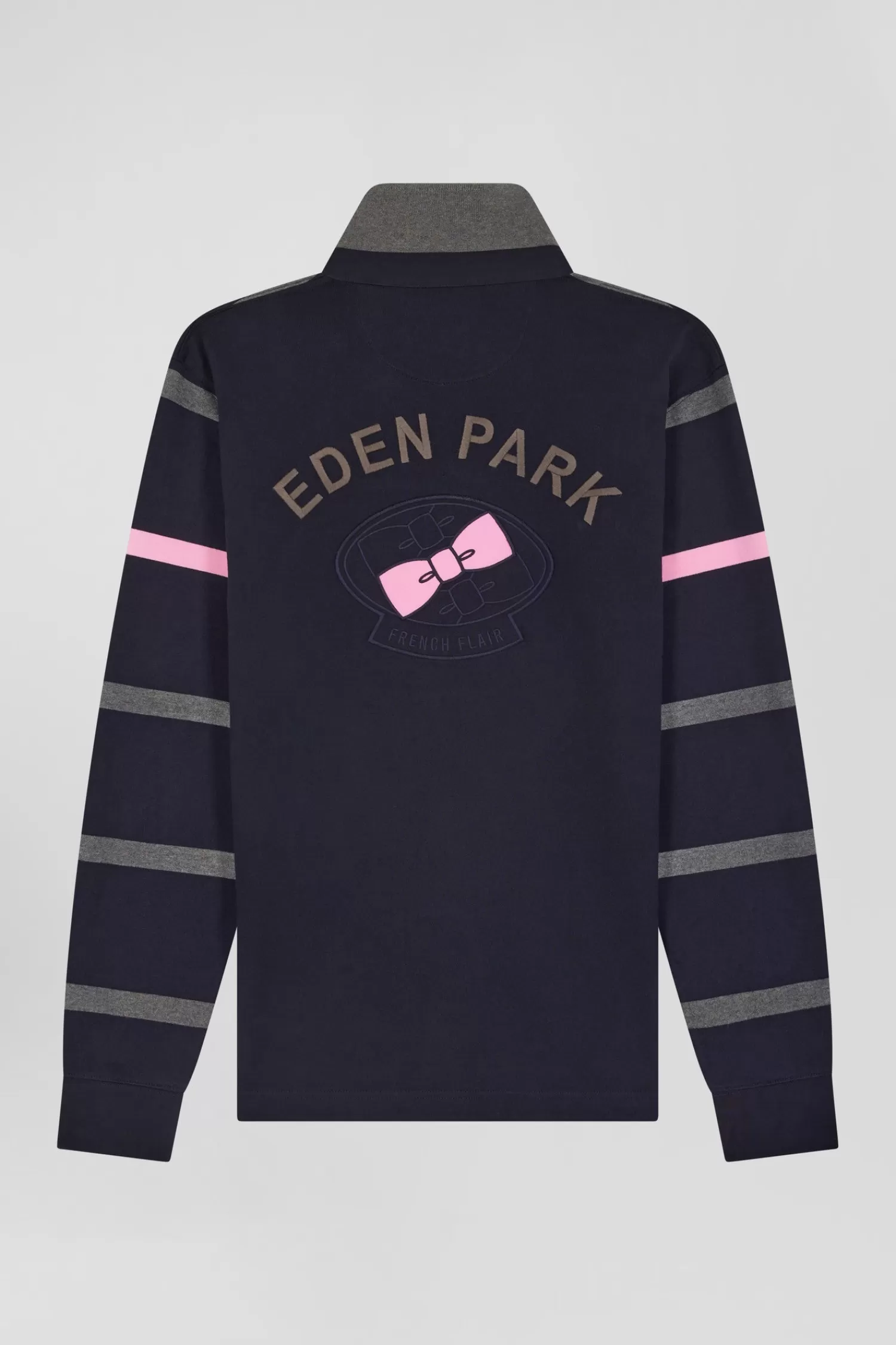 Eden Park Regular grey striped long-sleeved cotton rugby shirt with back embroidery< Rugby Shirts
