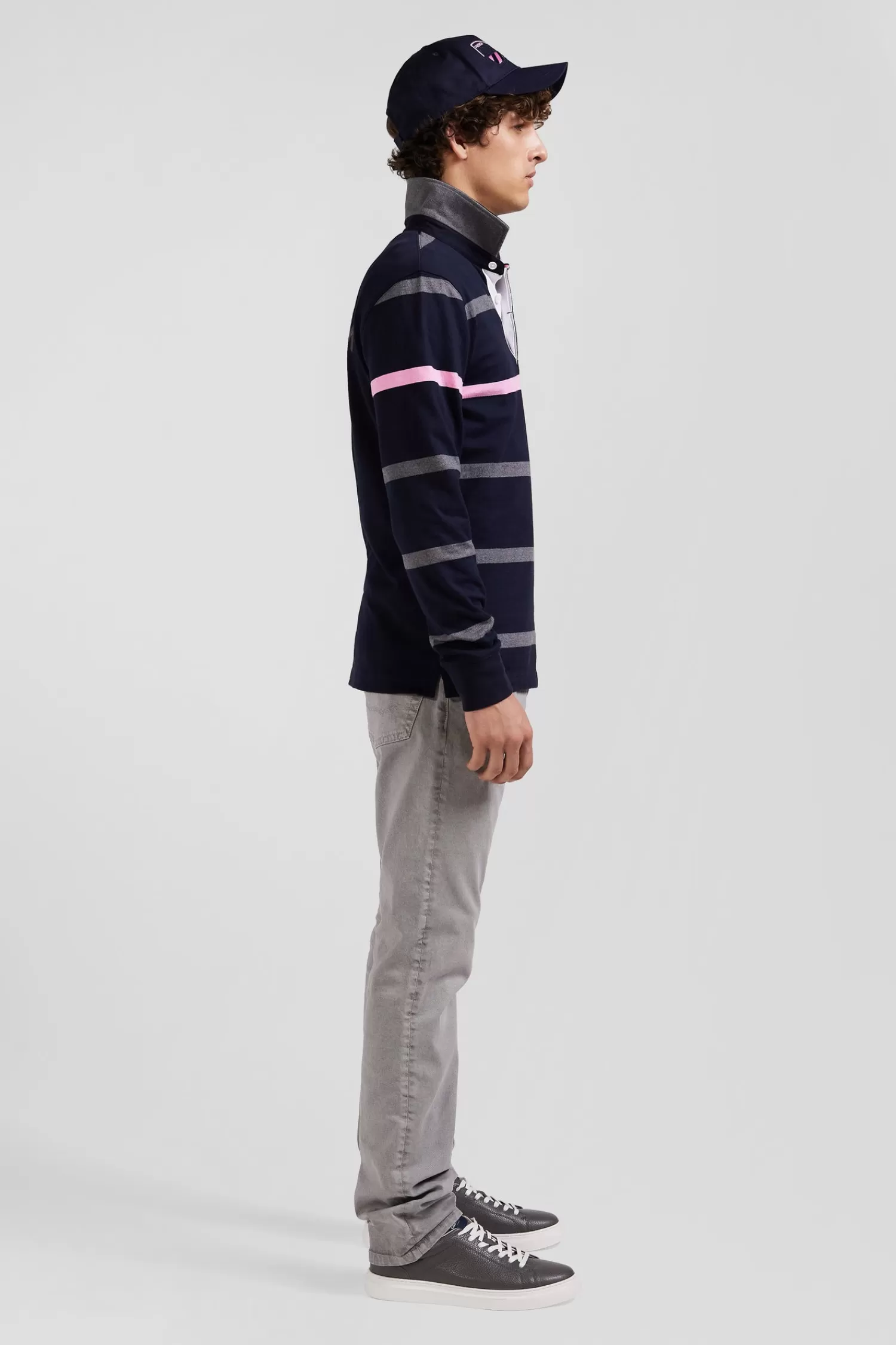 Eden Park Regular grey striped long-sleeved cotton rugby shirt with back embroidery< Rugby Shirts