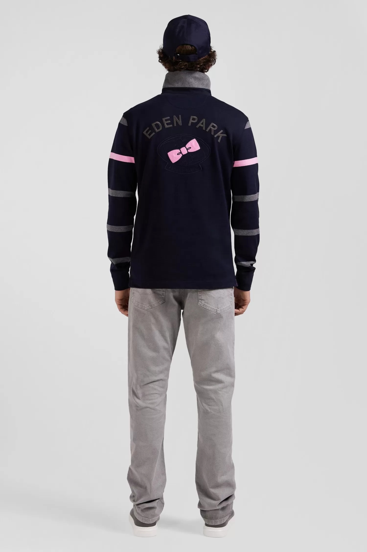 Eden Park Regular grey striped long-sleeved cotton rugby shirt with back embroidery< Rugby Shirts