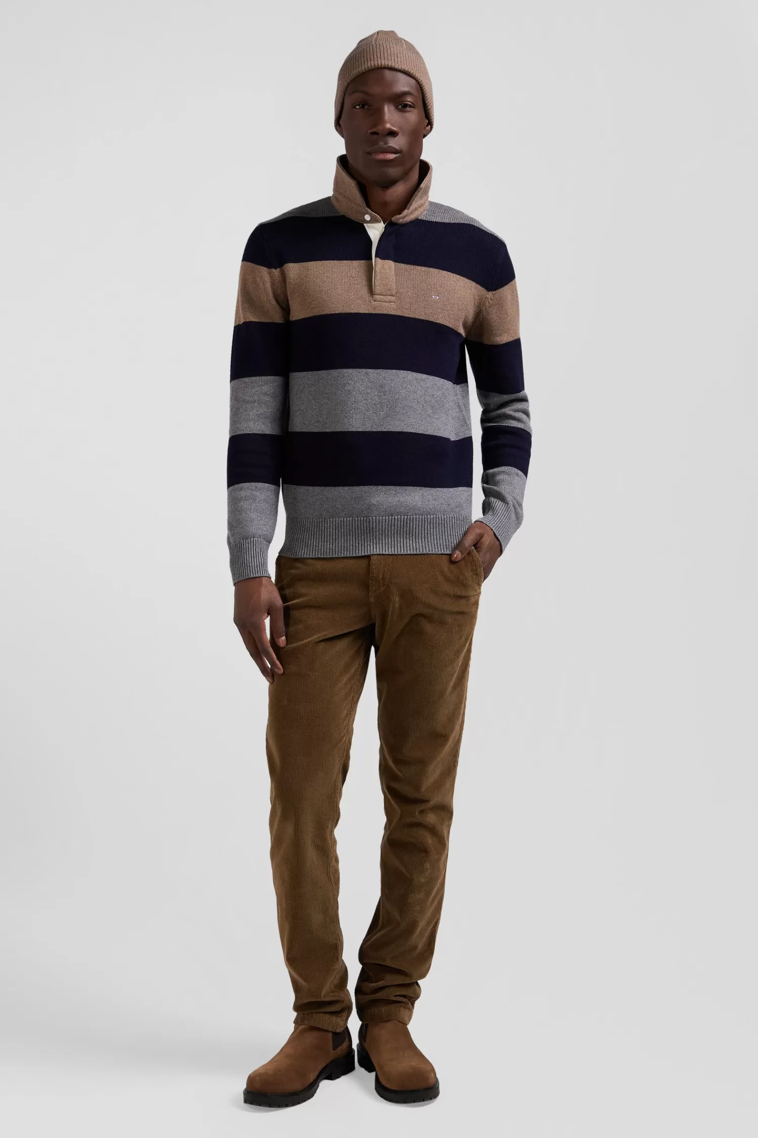 Eden Park Regular grey striped wool and cotton jumper with rugby shirt collar< Sweaters