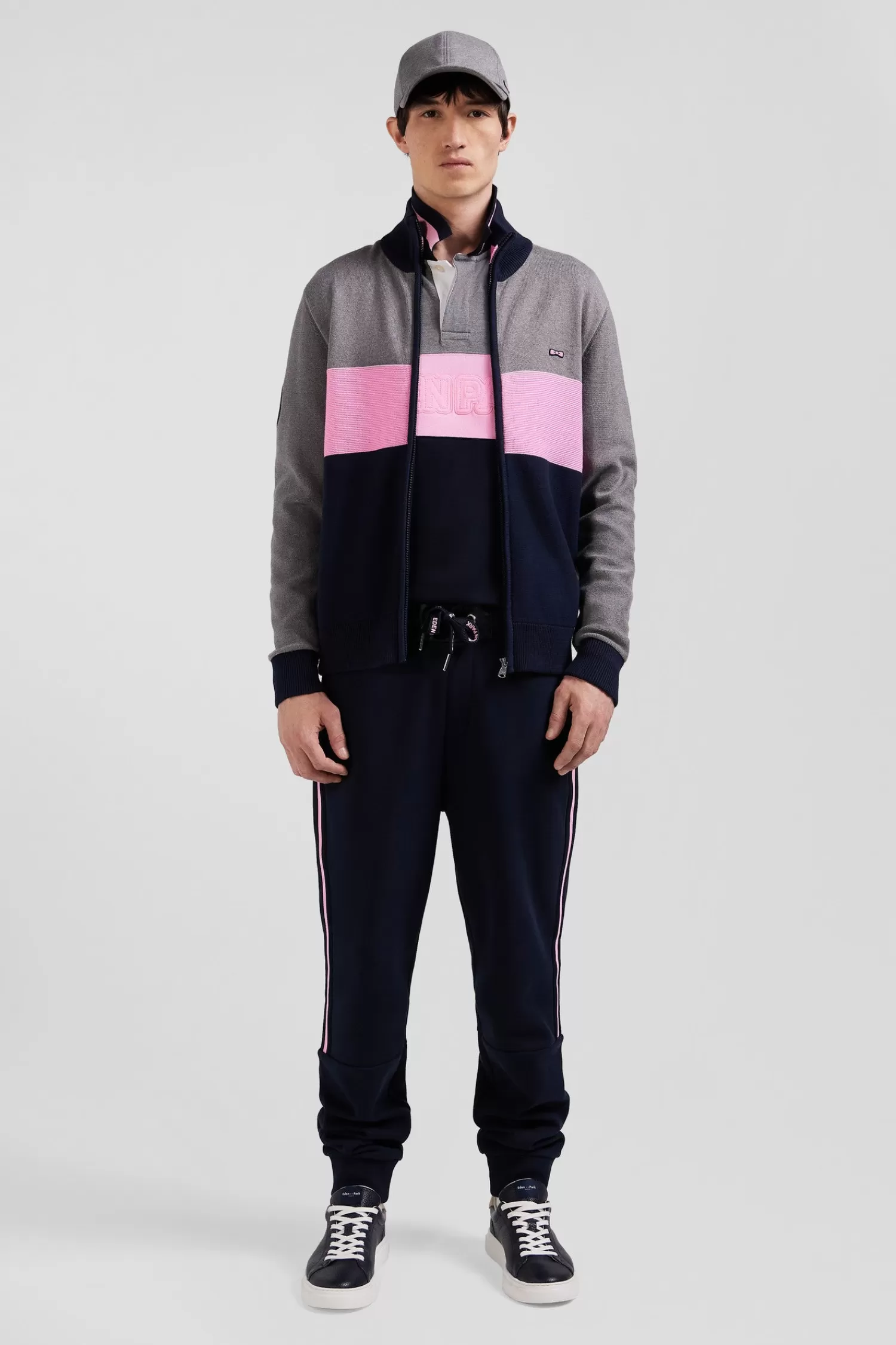 Eden Park Regular grey tricolour high collar zipped cardigan with N°10 embroidery and knit patterns< Cardigans