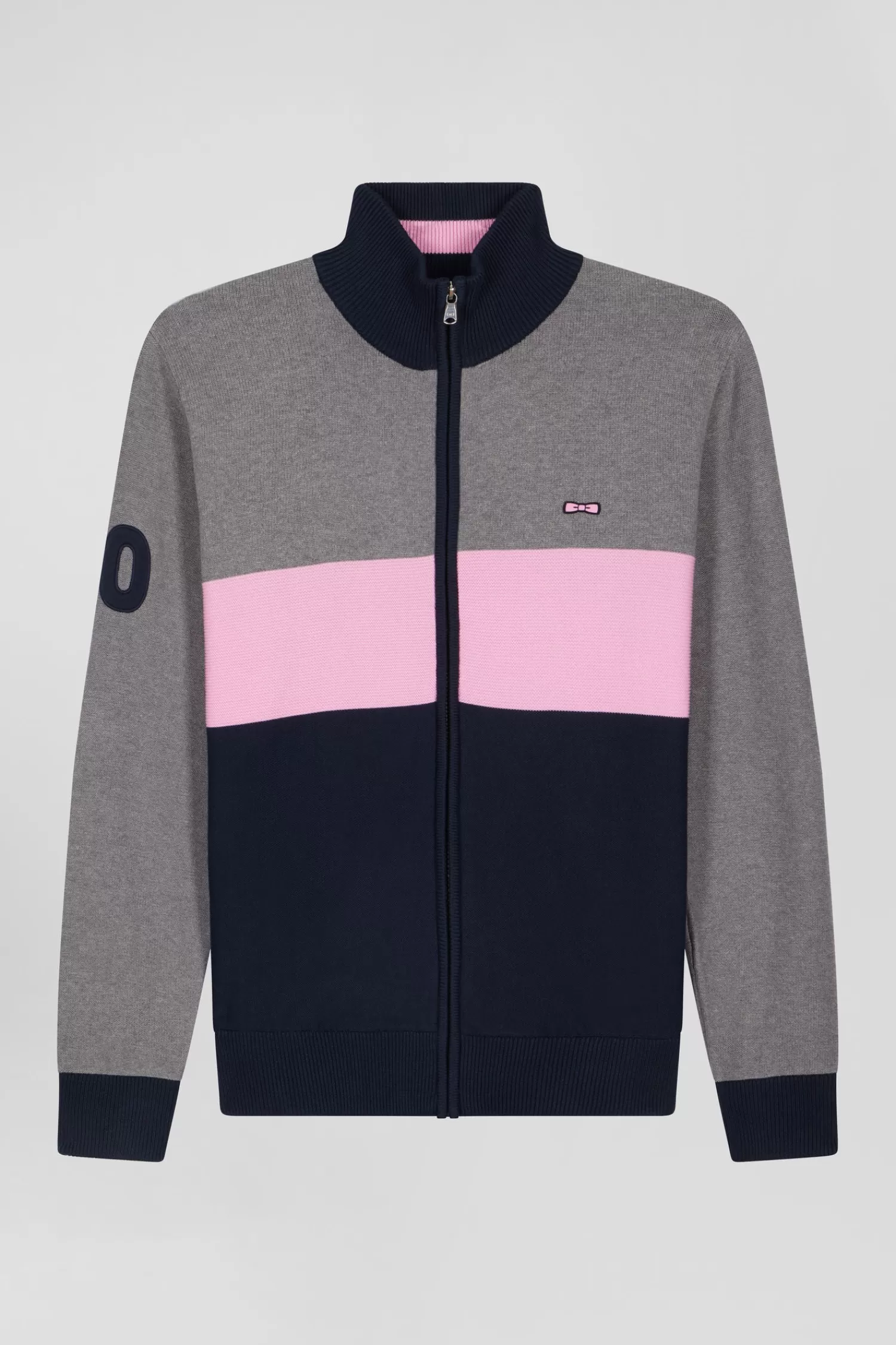 Eden Park Regular grey tricolour high collar zipped cardigan with N°10 embroidery and knit patterns< Cardigans