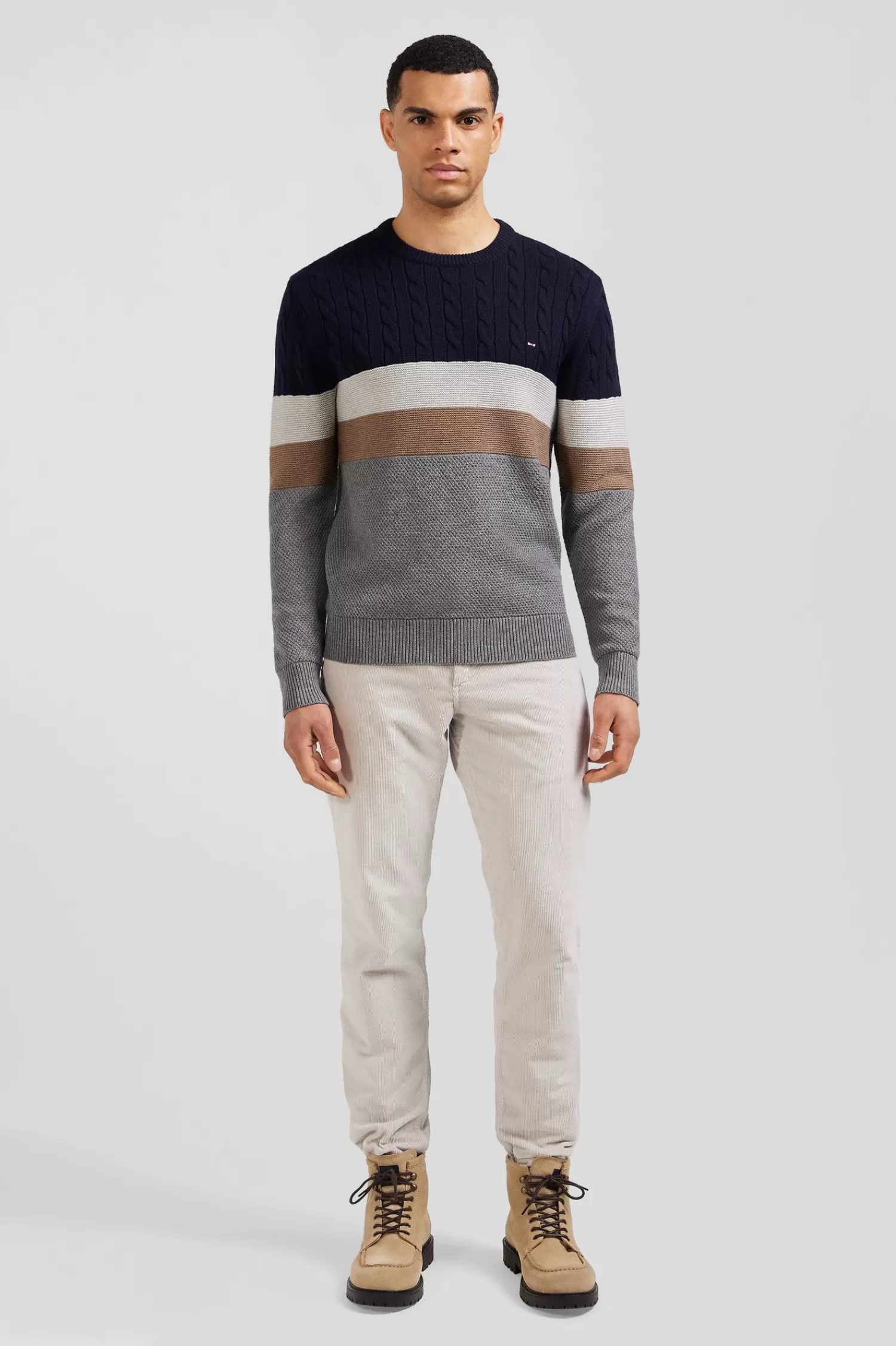 Eden Park Regular grey wool and cotton crew neck jumper with knit patterns< Sweaters