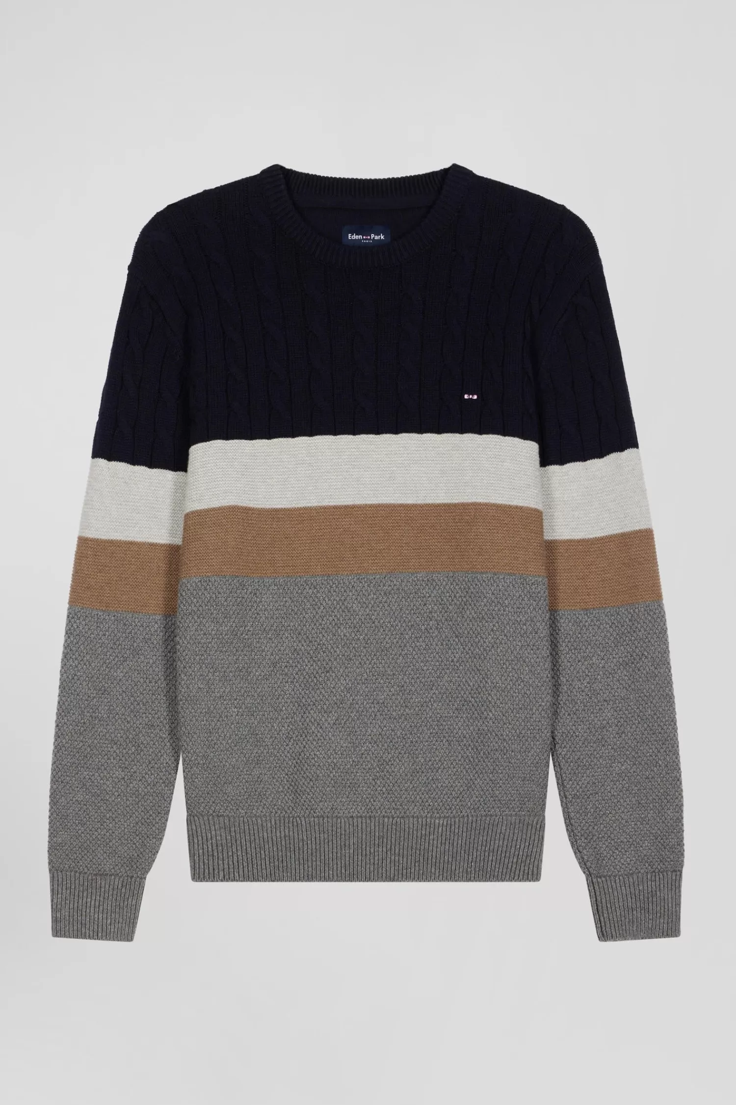 Eden Park Regular grey wool and cotton crew neck jumper with knit patterns< Sweaters