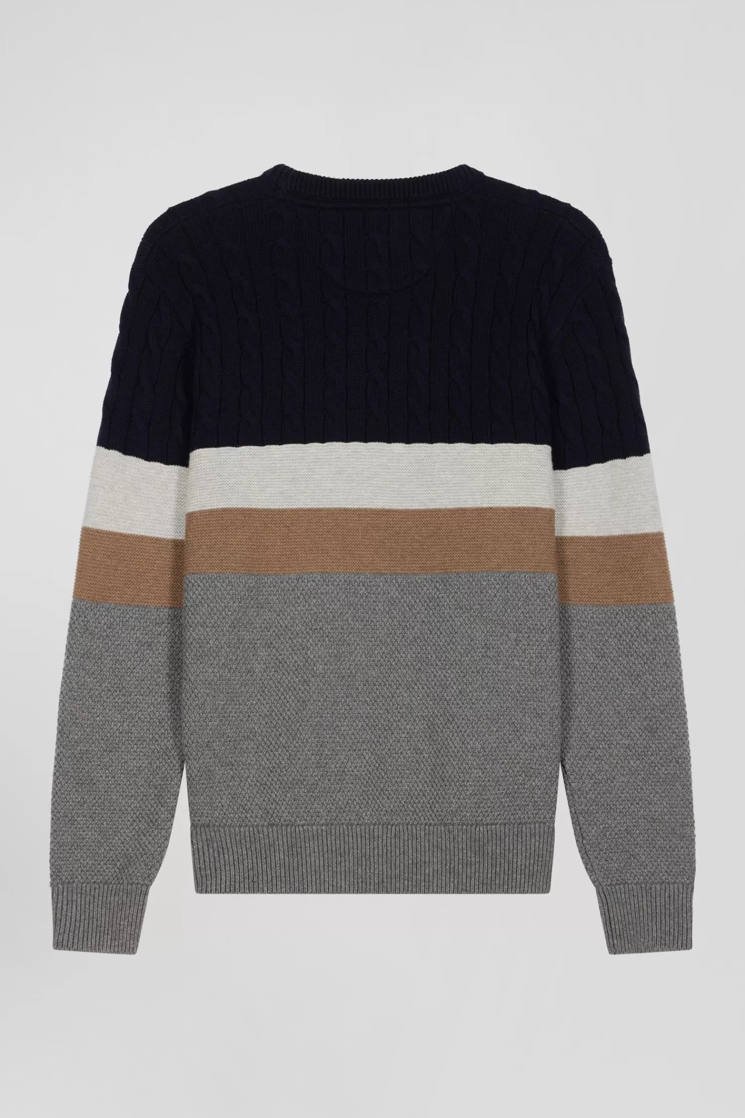 regular_grey_wool_and_cotton_crew_neck_jumper_with_knit_patterns_3.webp Eden Park Regular grey wool and cotton crew neck jumper with knit patterns< Sweaters