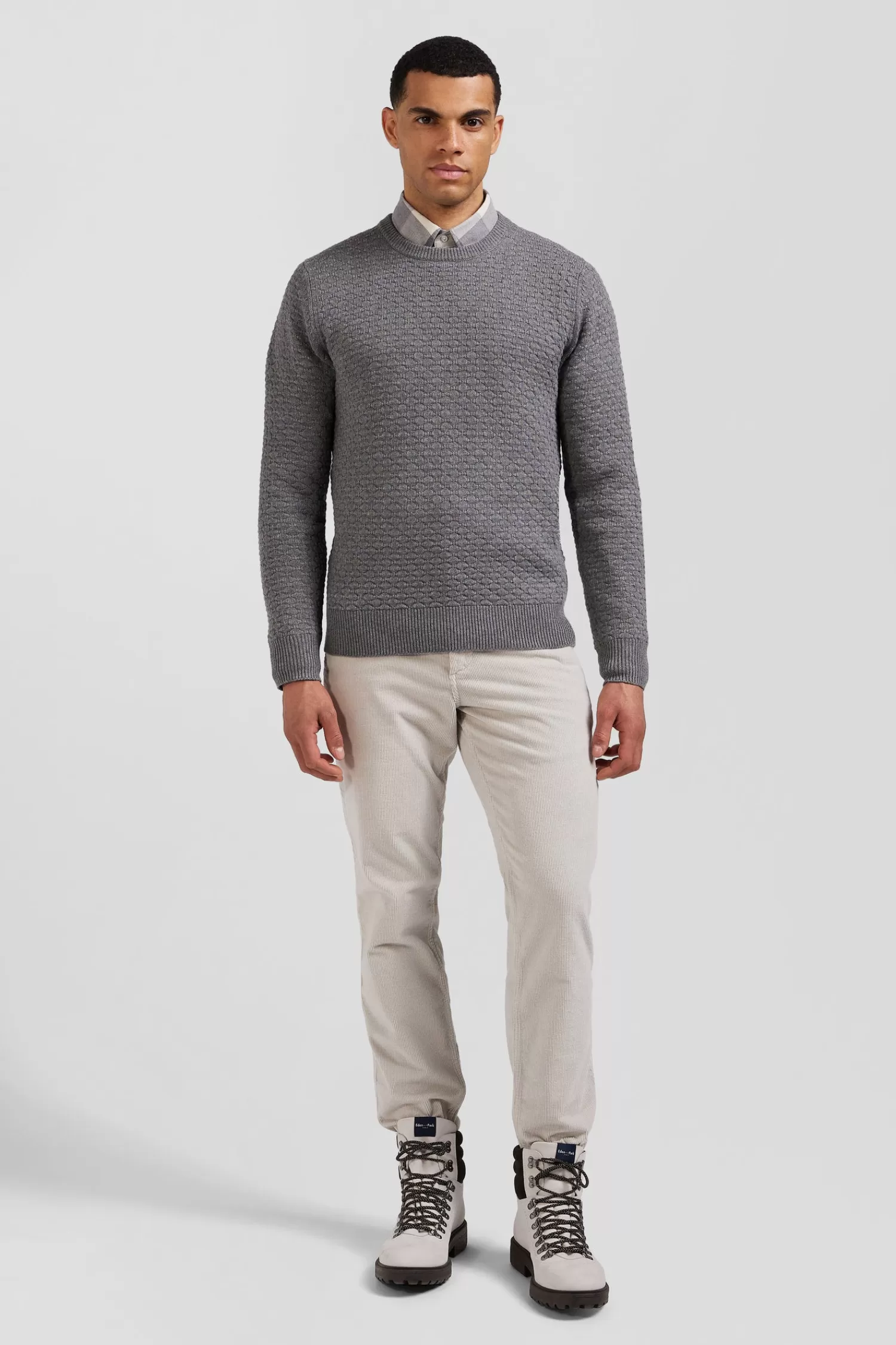 Eden Park Regular grey wool and cotton crew neck jumper with micro bow tie effect< Sweaters