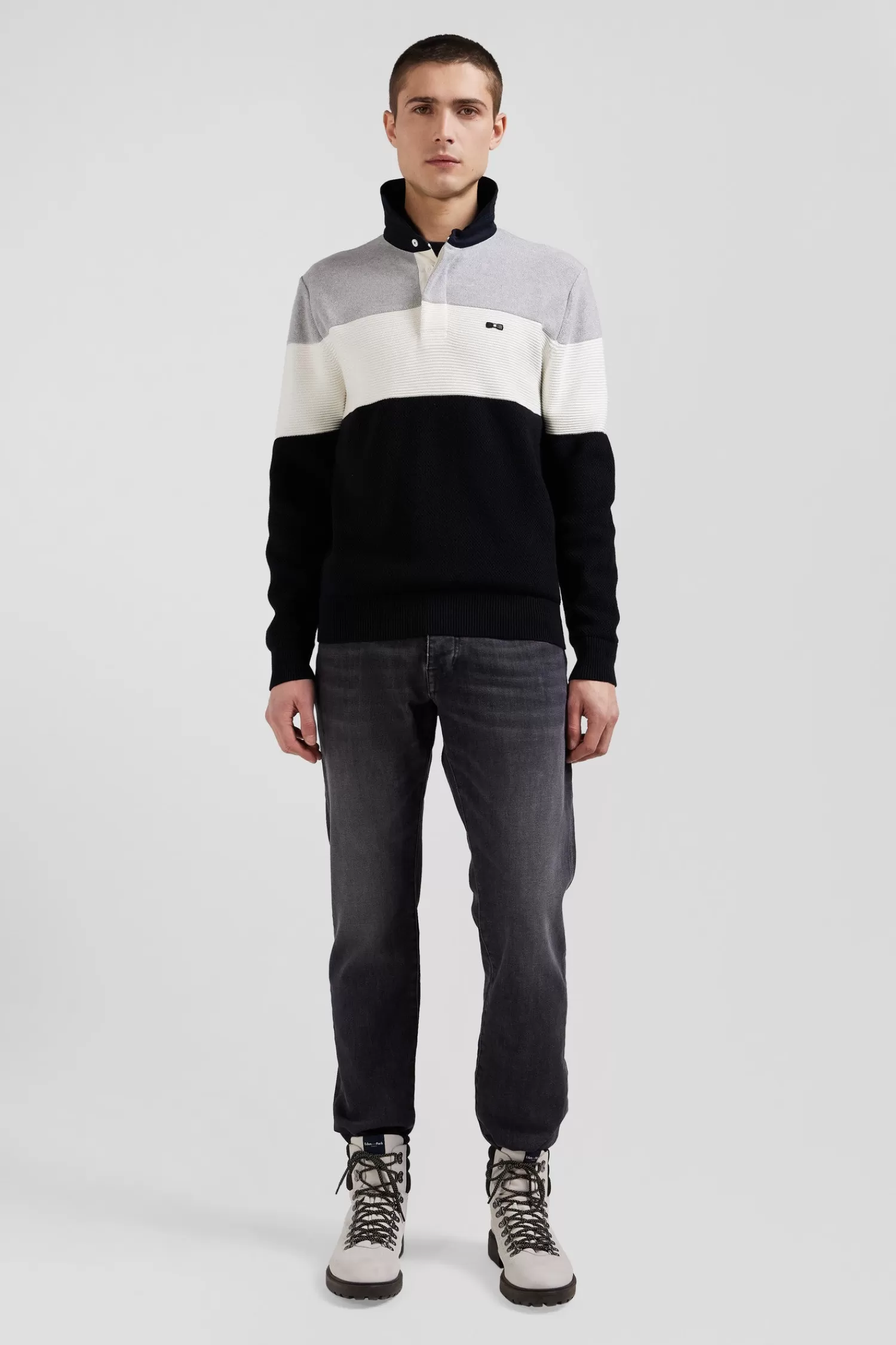 Eden Park Regular grey wool and cotton jumper with knit patterns and rugby shirt collar< Sweaters