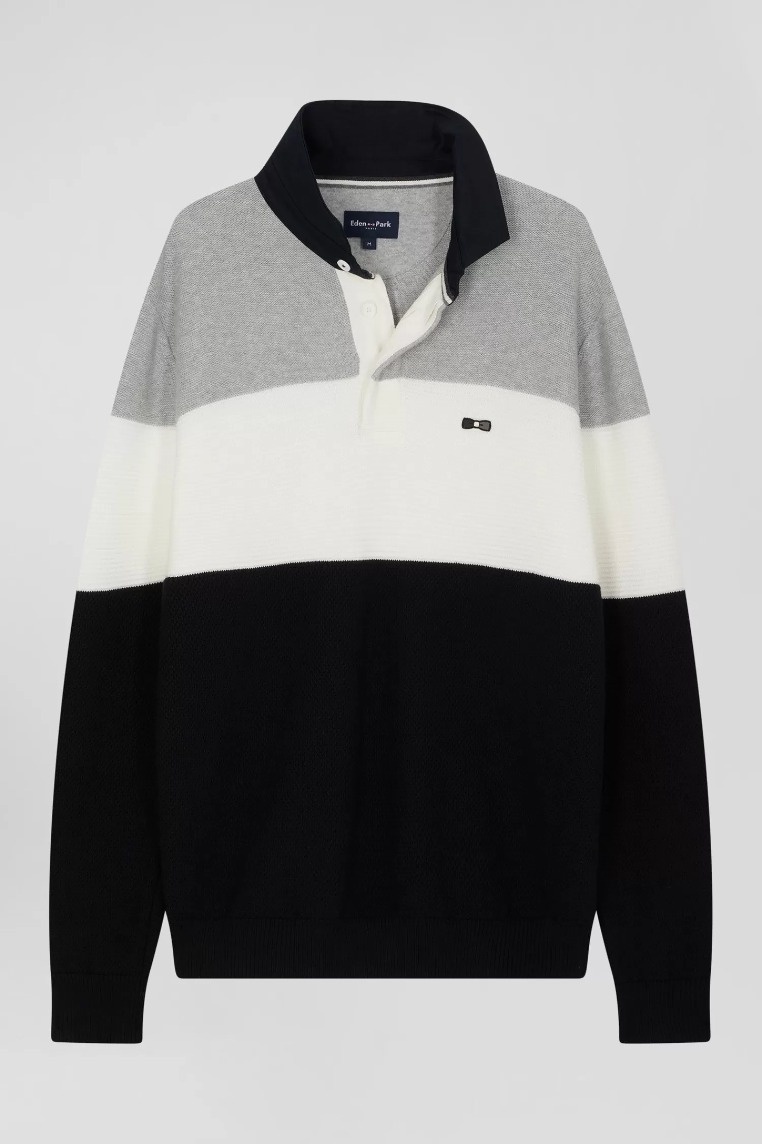 Eden Park Regular grey wool and cotton jumper with knit patterns and rugby shirt collar< Sweaters