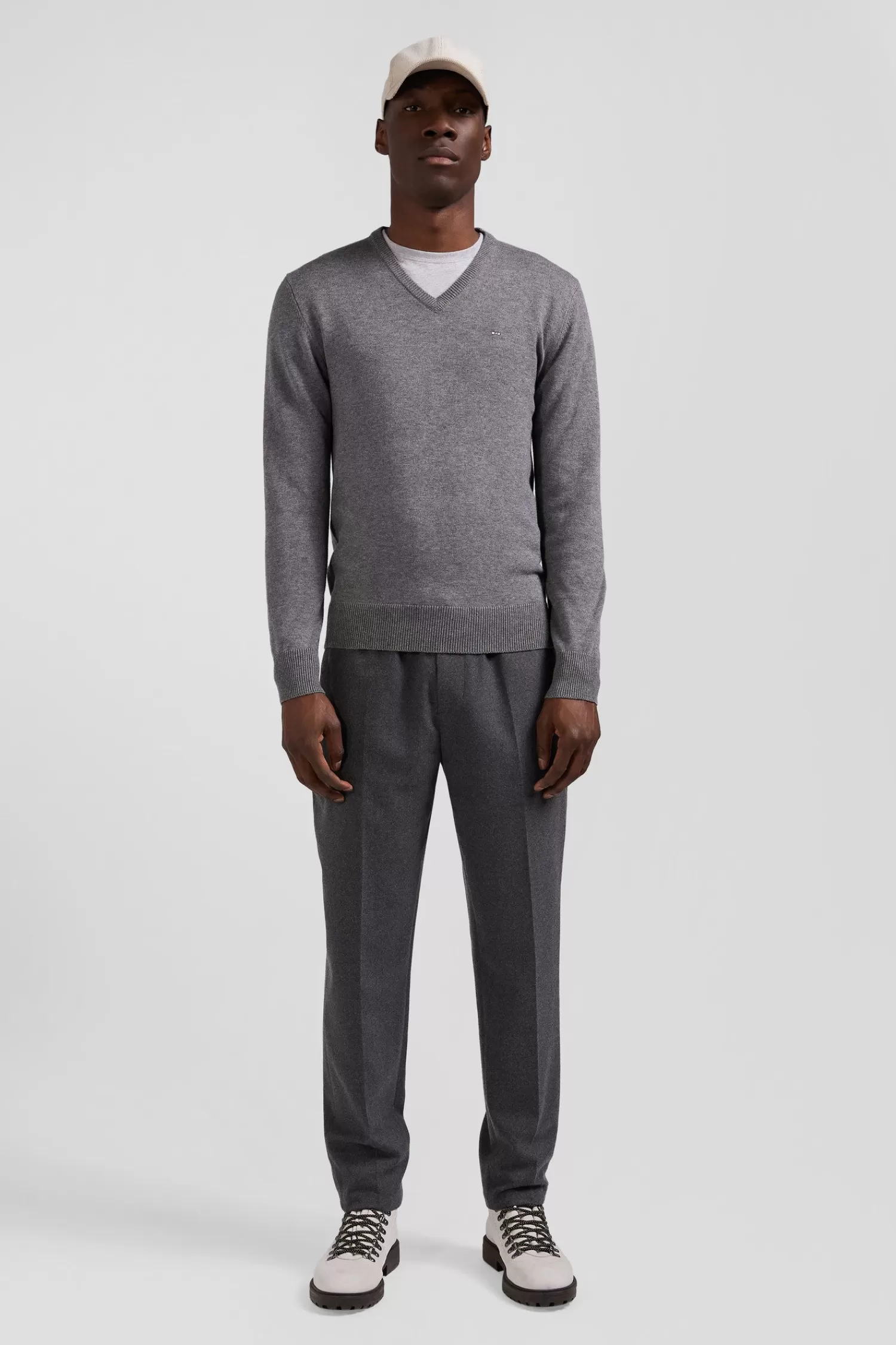 Eden Park Regular grey wool and cotton V-neck jumper with striped details< Sweaters