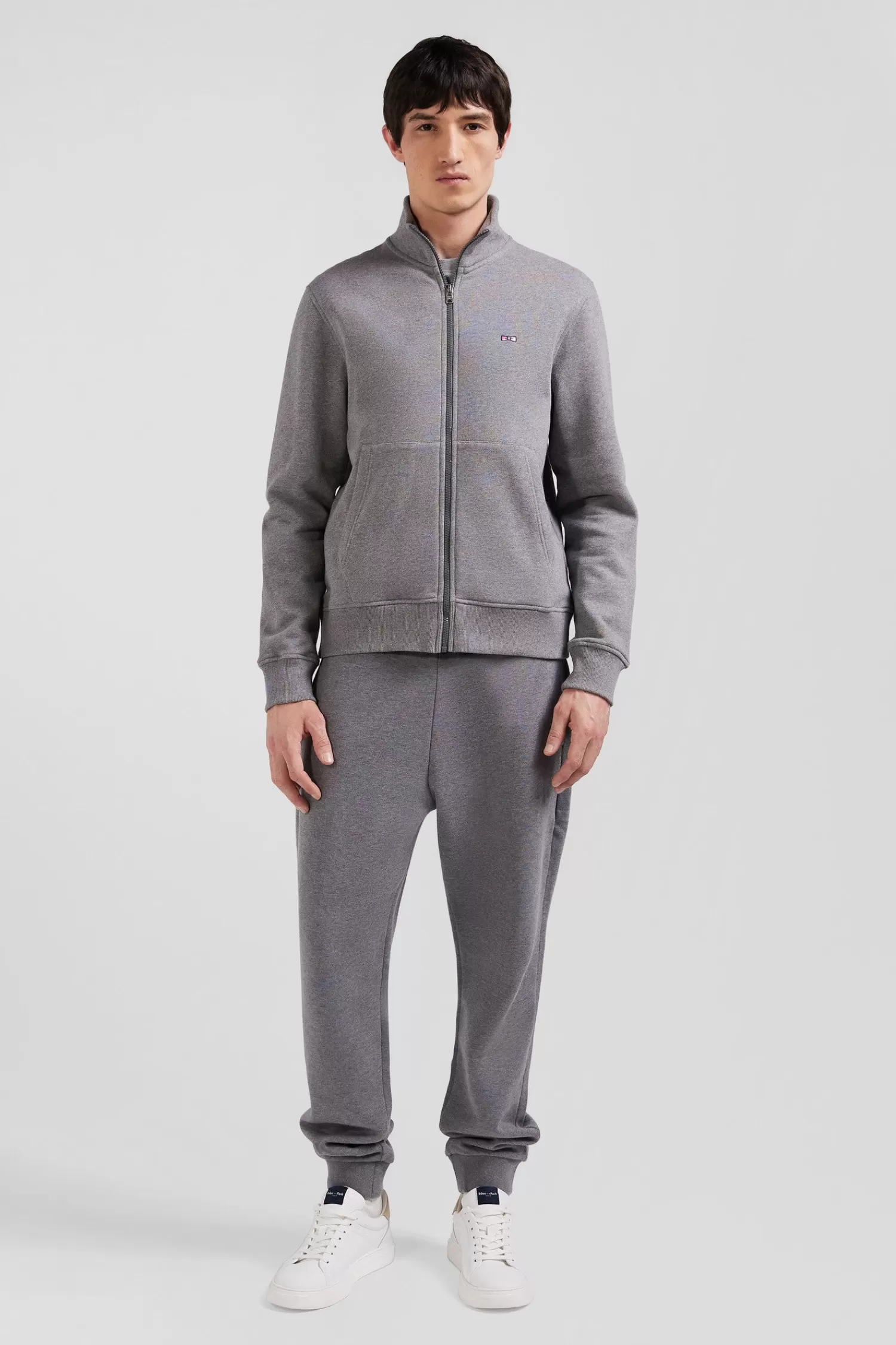 Eden Park Regular grey zipped brushed cotton fleece sweatshirt with high top collar< Sweatshirts