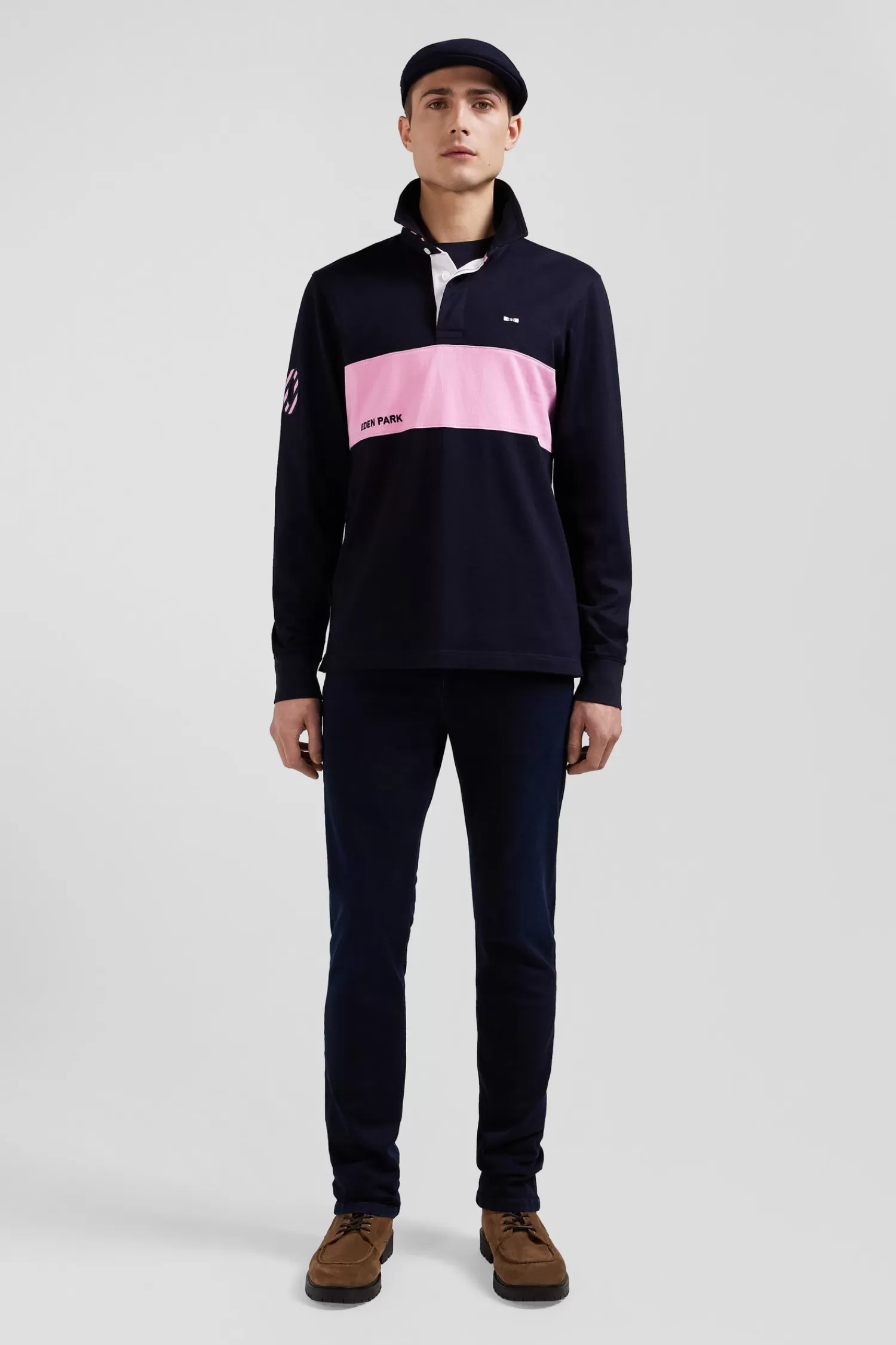 Eden Park Regular long-sleeved cotton rugby shirt with navy and pink stripes< Rugby Shirts