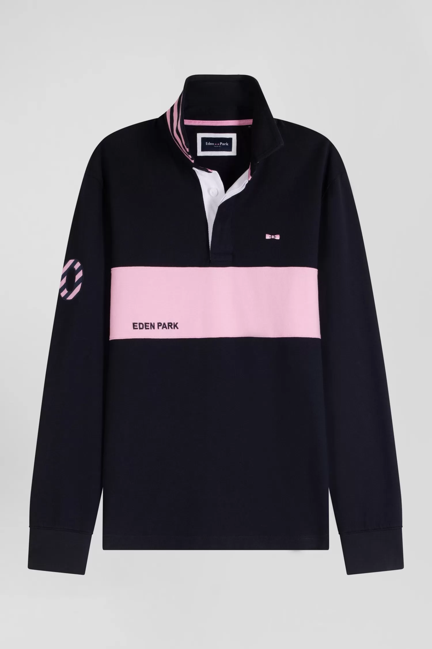 Eden Park Regular long-sleeved cotton rugby shirt with navy and pink stripes< Rugby Shirts