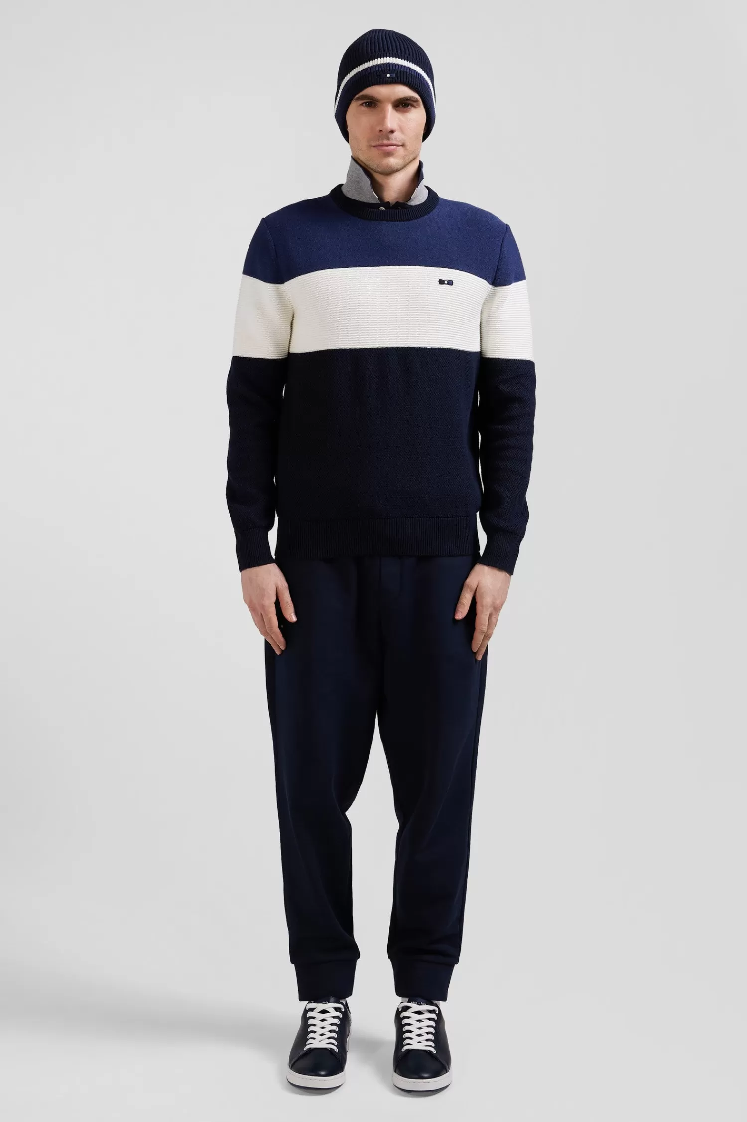 Eden Park Regular navy and blue cotton crew neck jumper with knit patterns< Sweaters