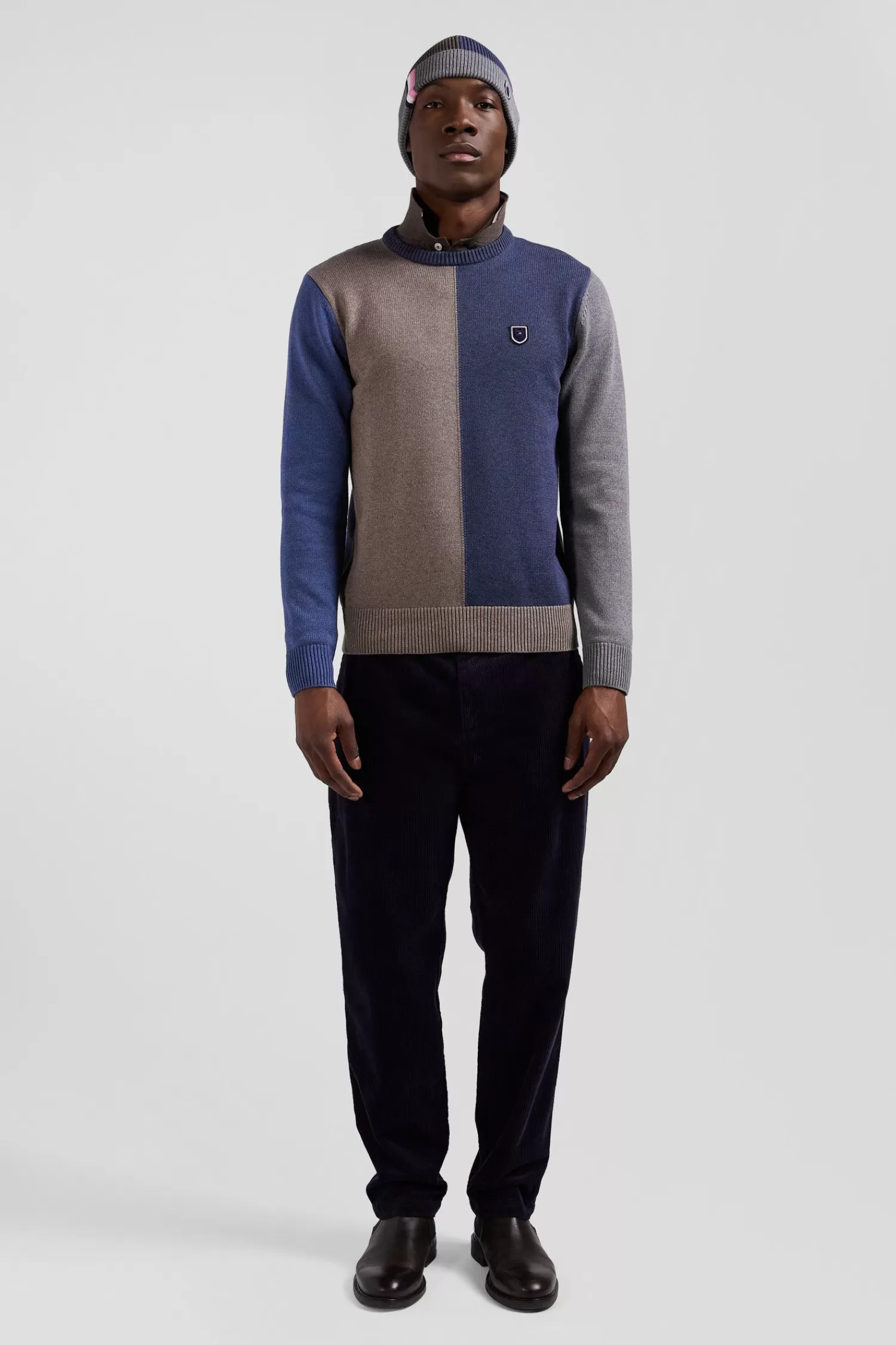 Eden Park Regular navy and brown colourblock cotton crew neck jumper< Sweaters