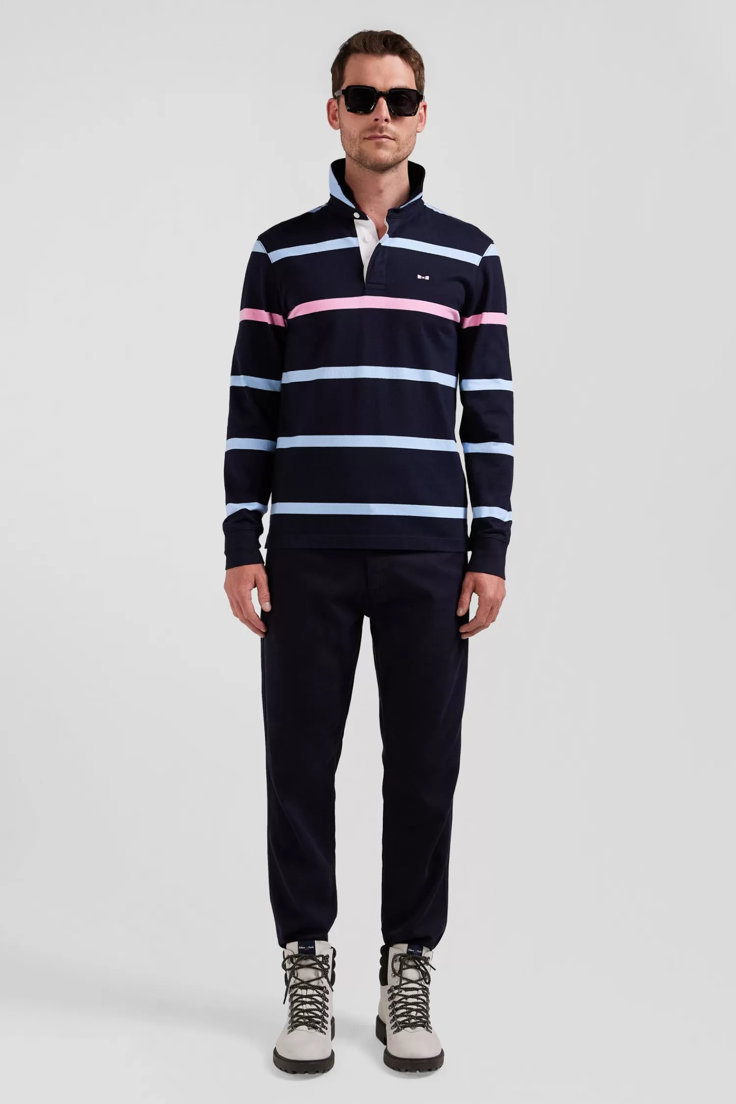 Eden Park Regular navy and sky blue striped long-sleeved cotton rugby shirt with back embroidery< Rugby Shirts