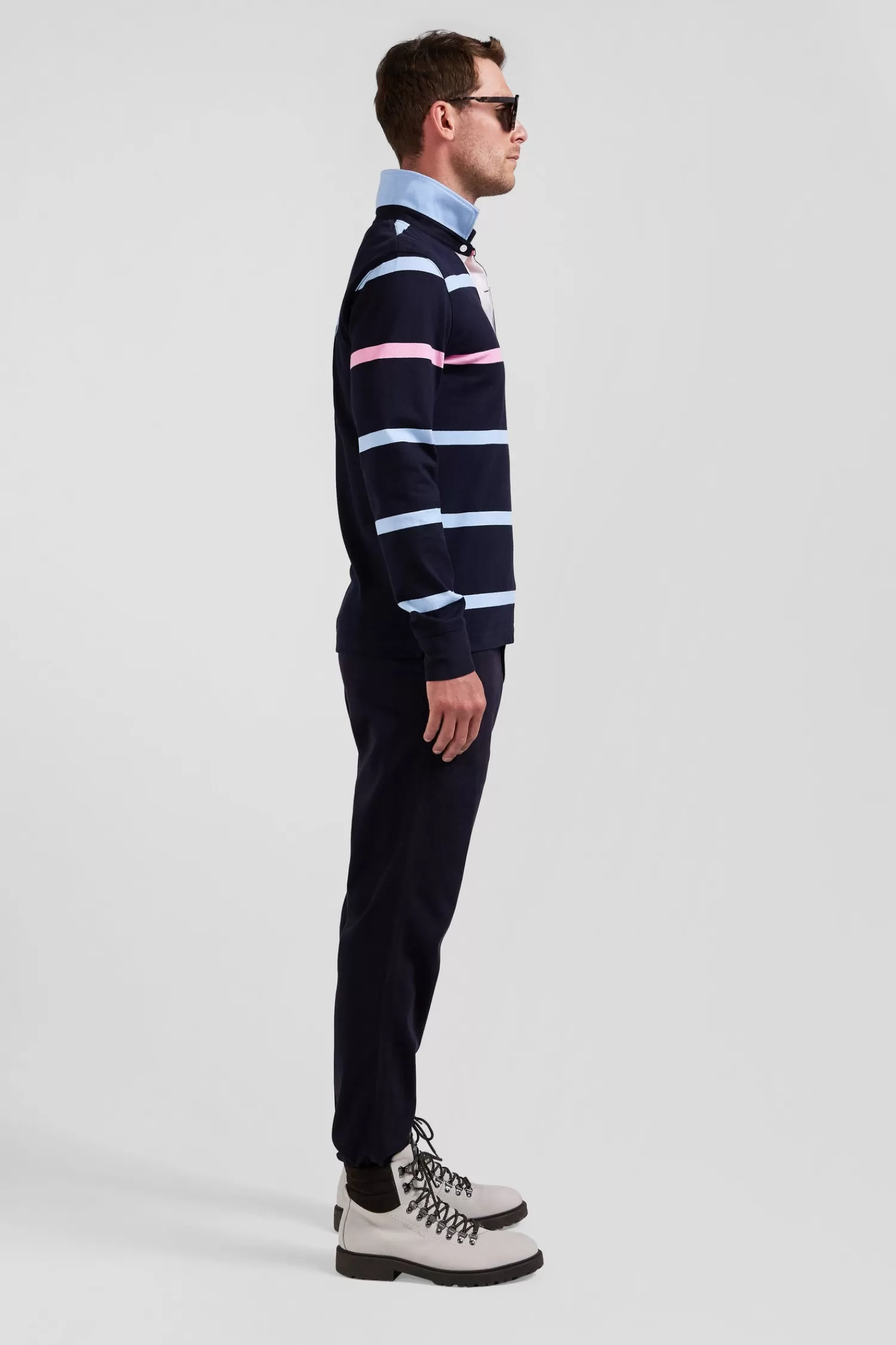 Eden Park Regular navy and sky blue striped long-sleeved cotton rugby shirt with back embroidery< Rugby Shirts