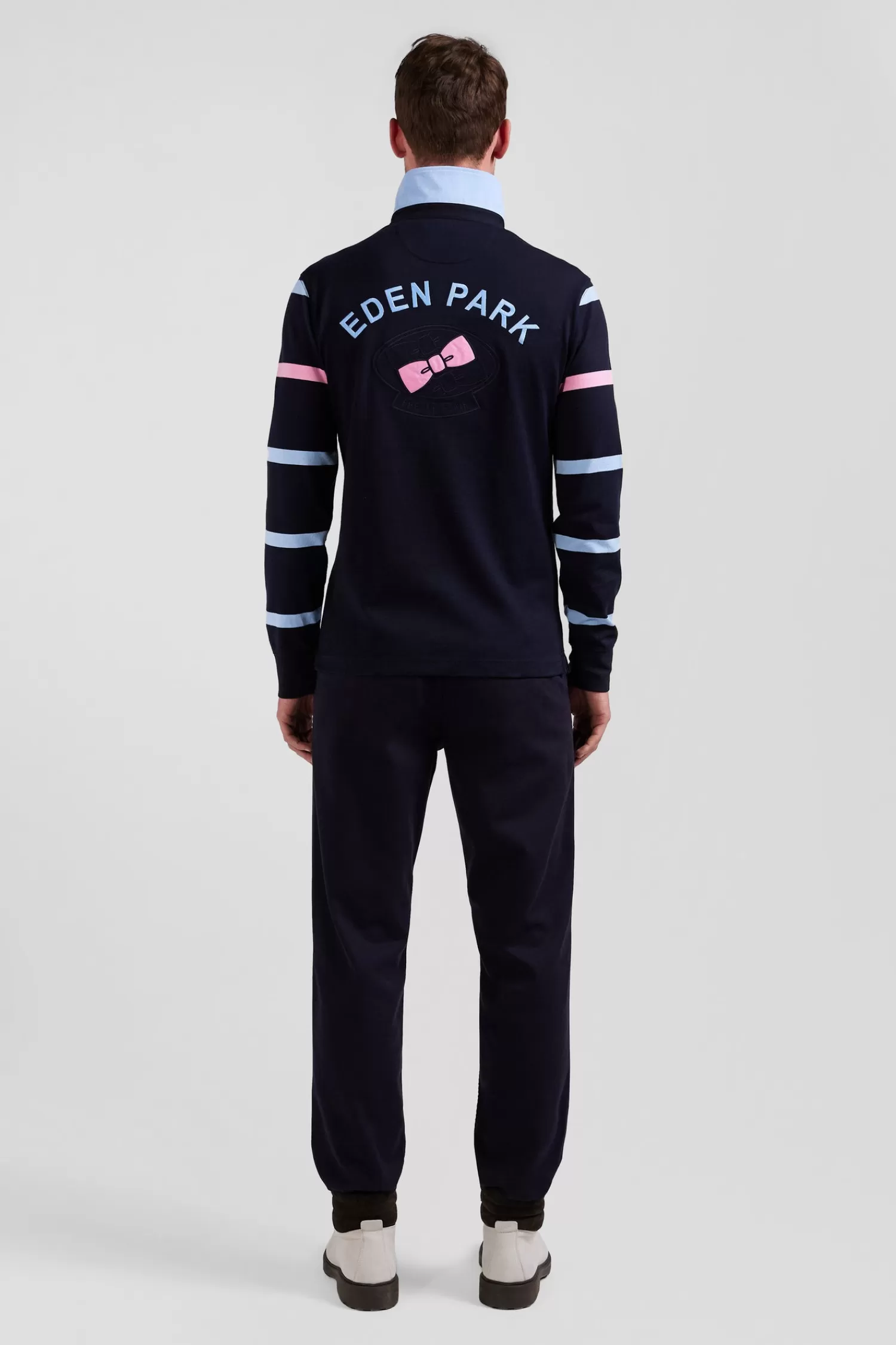 Eden Park Regular navy and sky blue striped long-sleeved cotton rugby shirt with back embroidery< Rugby Shirts