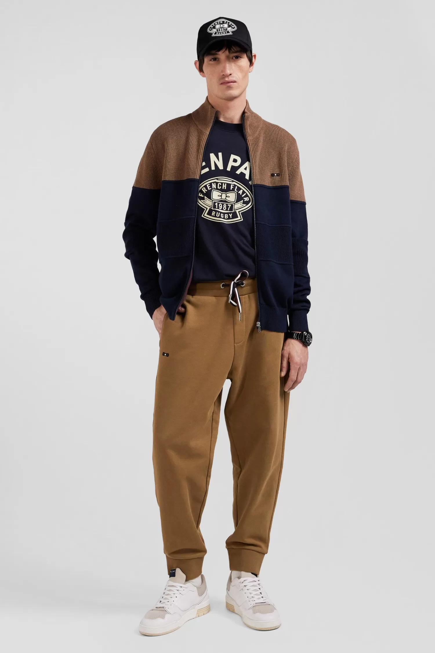 Eden Park Regular navy blue and camel cotton high collar zipped cardigan< Cardigans