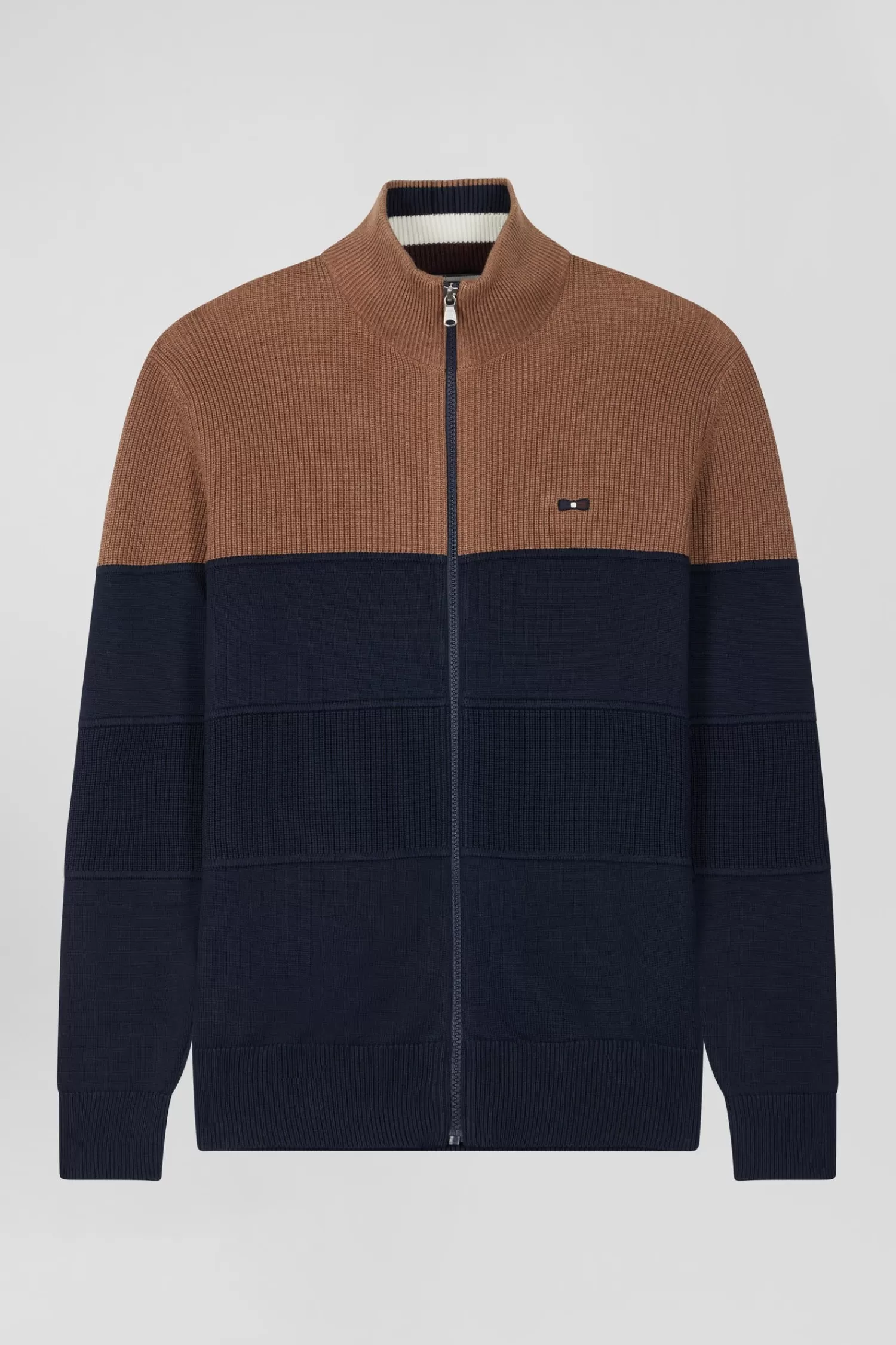 Eden Park Regular navy blue and camel cotton high collar zipped cardigan< Cardigans