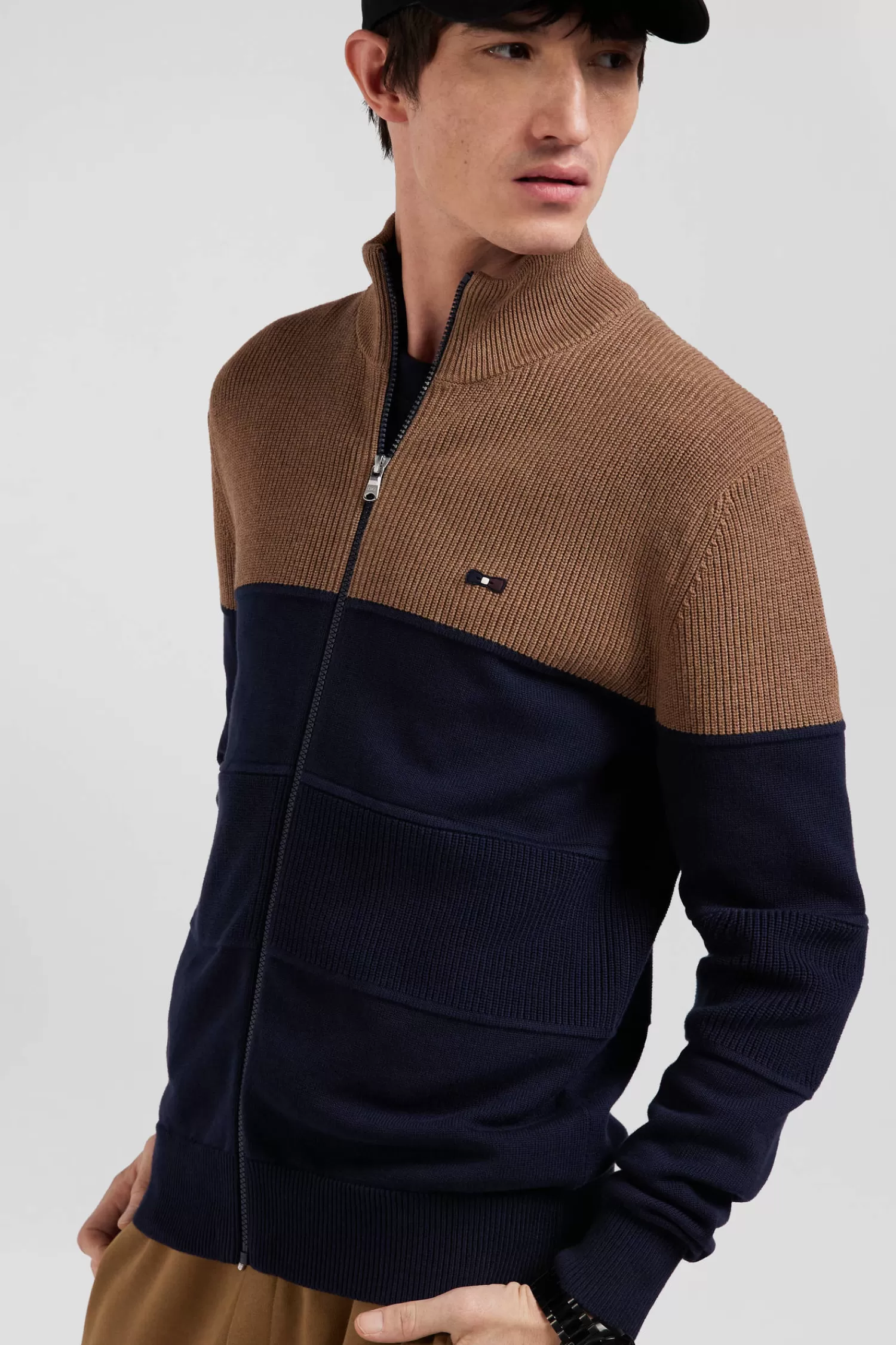 Eden Park Regular navy blue and camel cotton high collar zipped cardigan< Cardigans