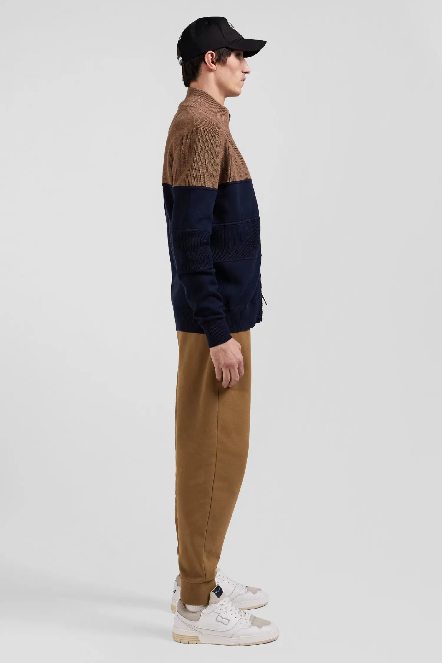 Eden Park Regular navy blue and camel cotton high collar zipped cardigan< Cardigans