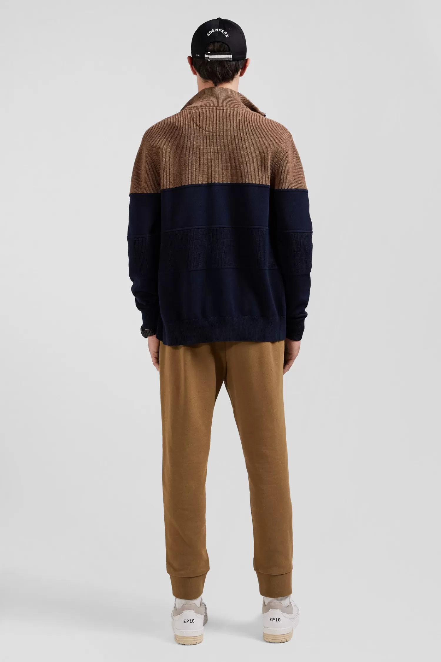 Eden Park Regular navy blue and camel cotton high collar zipped cardigan< Cardigans