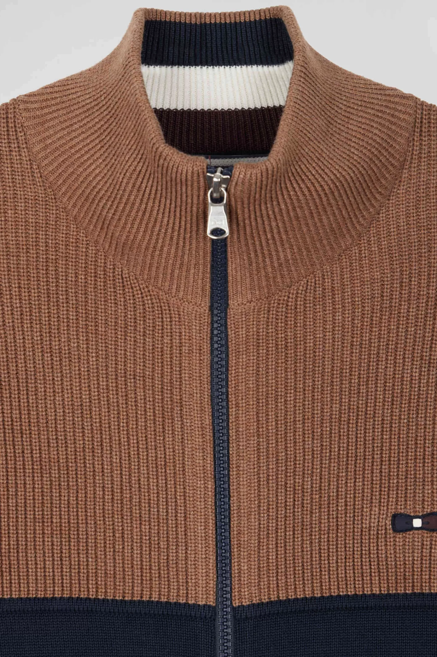 Eden Park Regular navy blue and camel cotton high collar zipped cardigan< Cardigans
