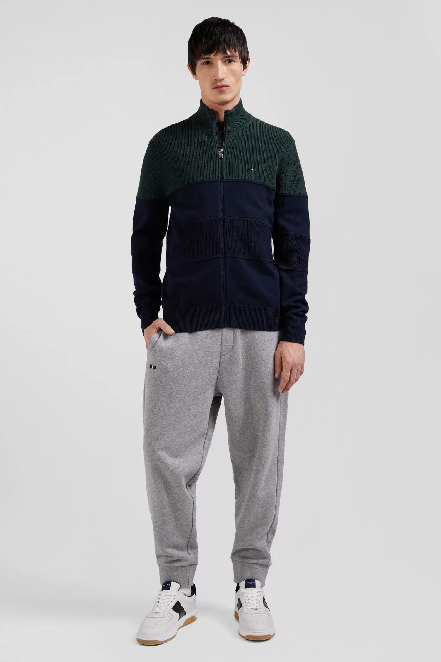 Eden Park Regular navy blue and green cotton high collar zipped cardigan< Cardigans