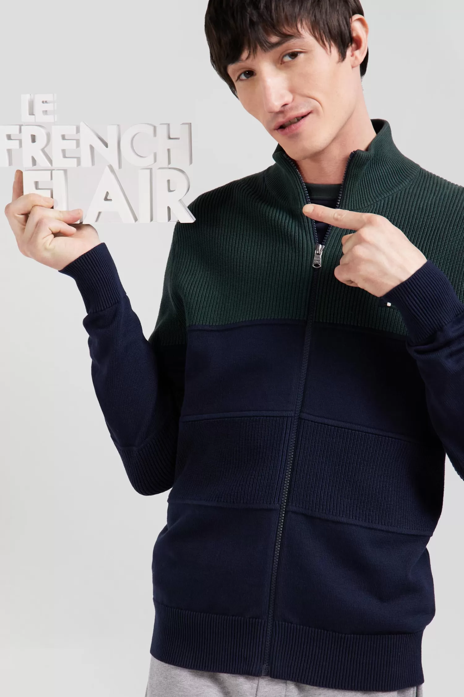 Eden Park Regular navy blue and green cotton high collar zipped cardigan< Cardigans