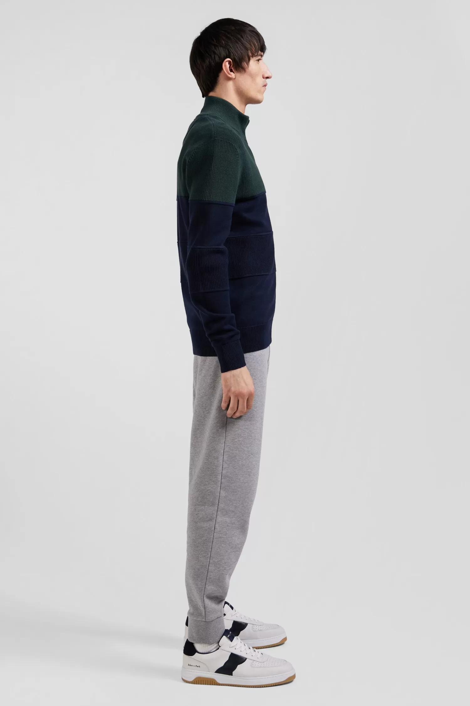 Eden Park Regular navy blue and green cotton high collar zipped cardigan< Cardigans