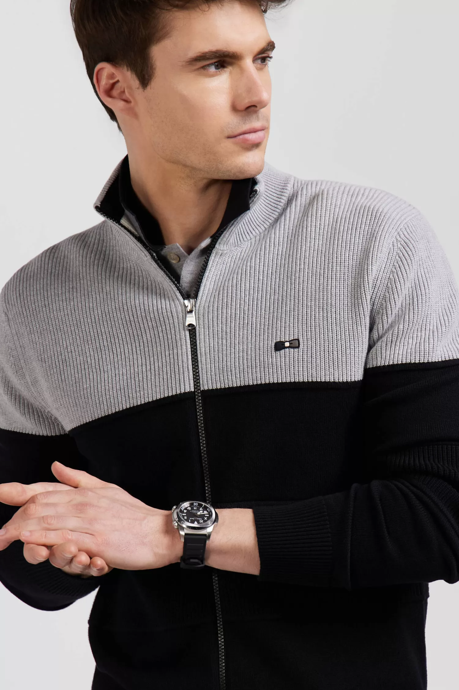 Eden Park Regular navy blue and grey cotton high collar zipped cardigan< Cardigans