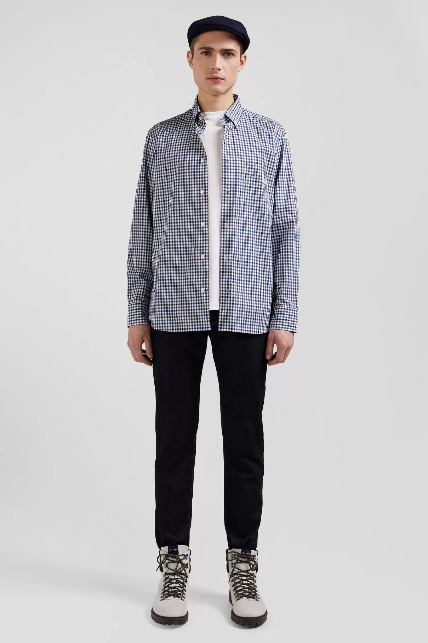 Eden Park Regular navy blue and white checked cotton poplin shirt< Shirts