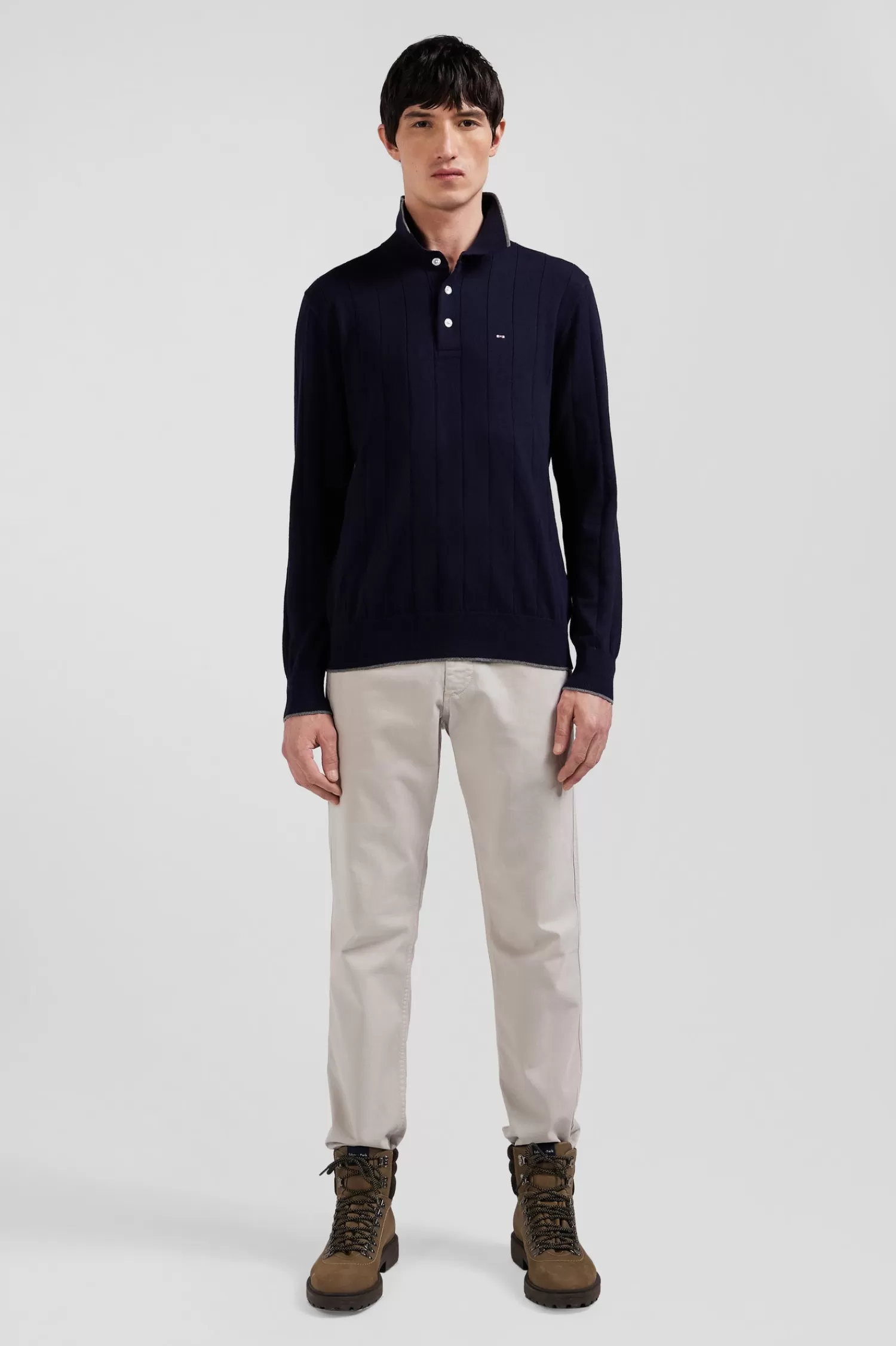 Eden Park Regular navy blue cotton and cashmere jumper with rugby shirt collar< Sweaters