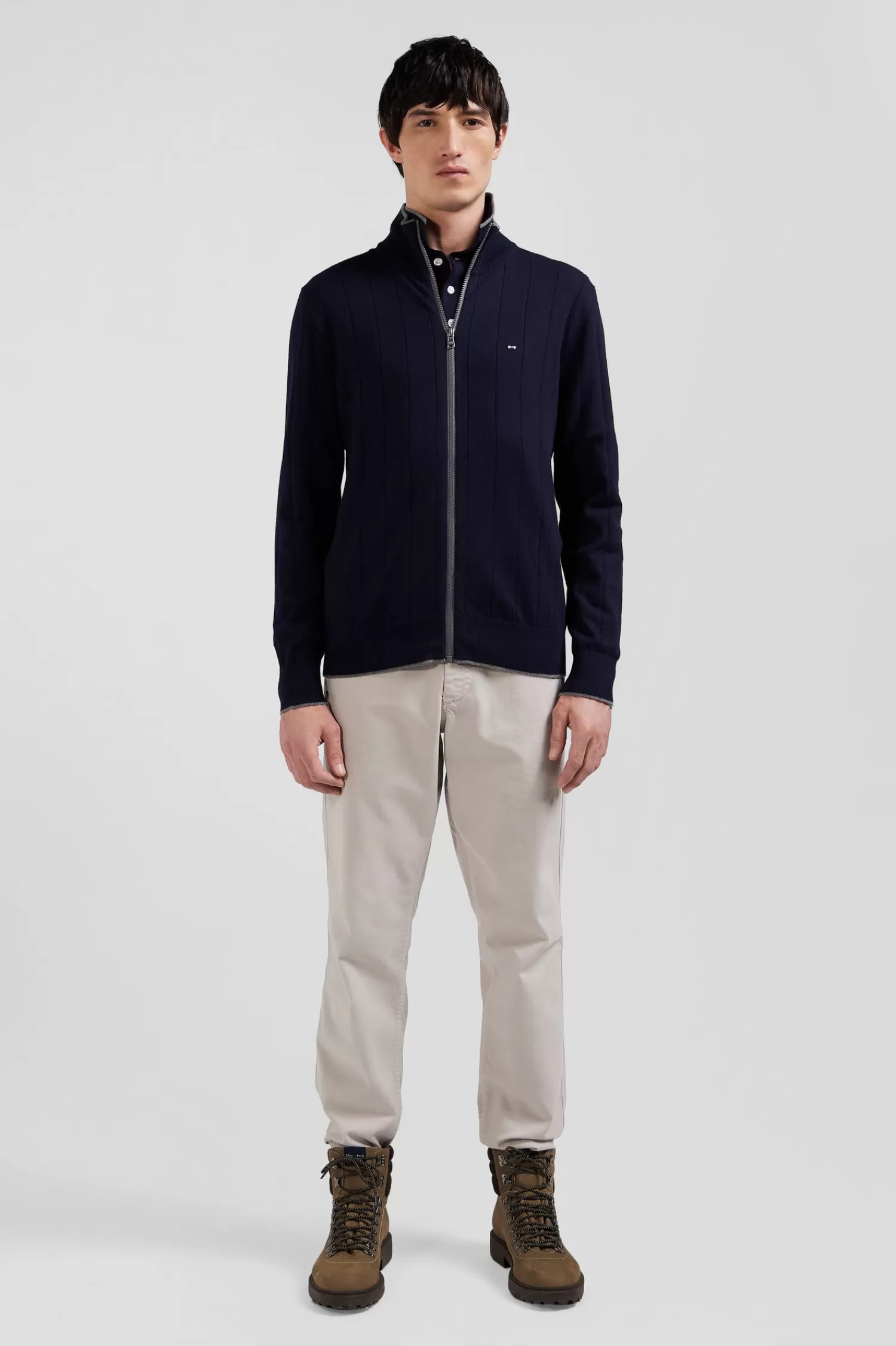 Eden Park Regular navy blue cotton and cashmere zipped cardigan with vertical stripes< Cardigans