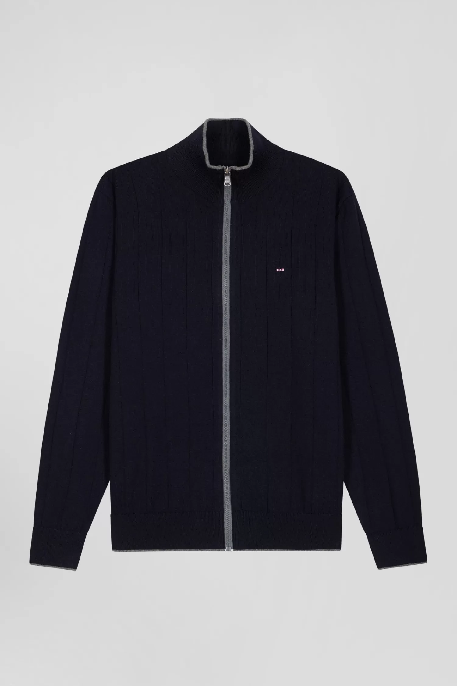 Eden Park Regular navy blue cotton and cashmere zipped cardigan with vertical stripes< Cardigans
