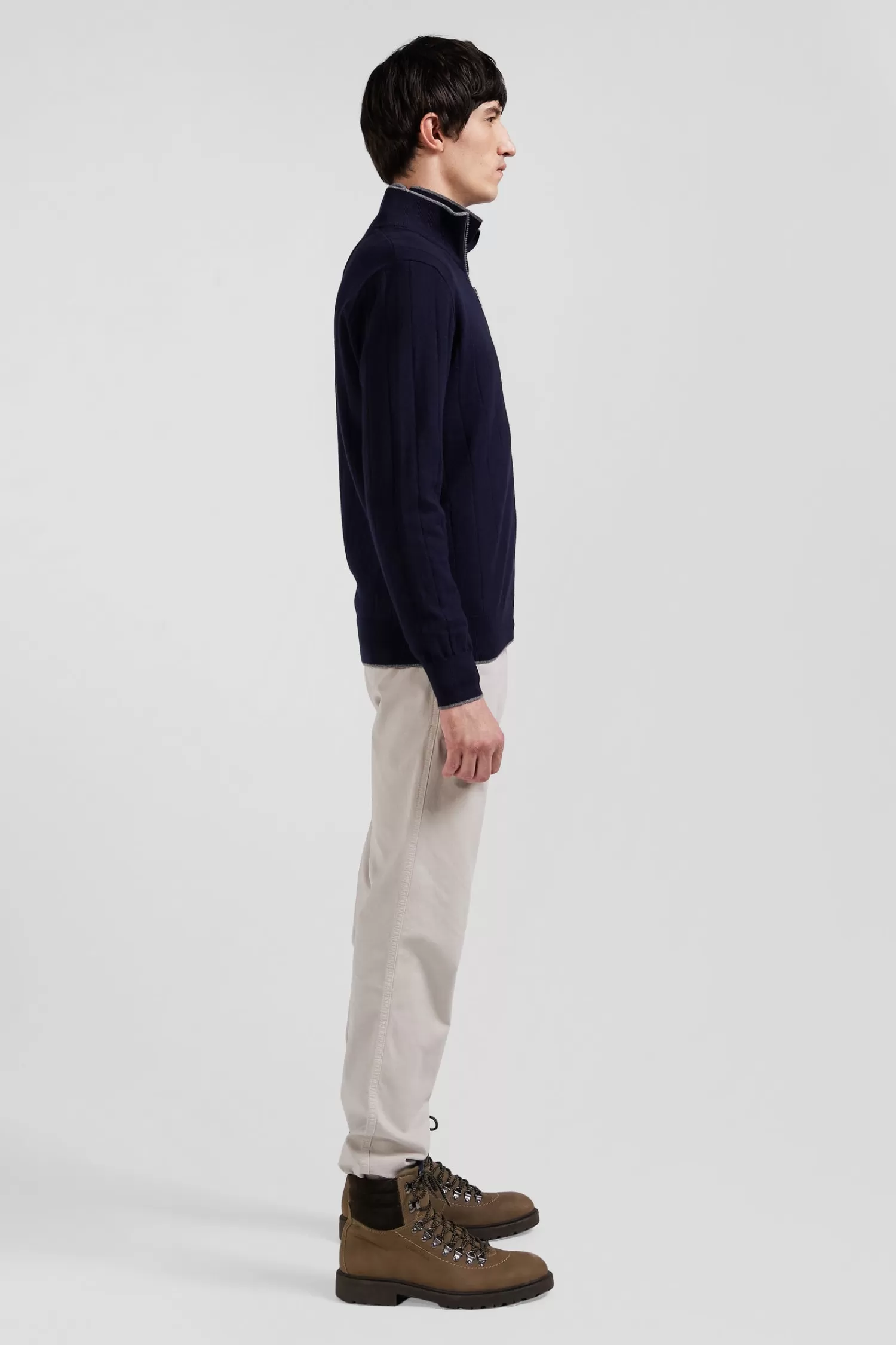 Eden Park Regular navy blue cotton and cashmere zipped cardigan with vertical stripes< Cardigans