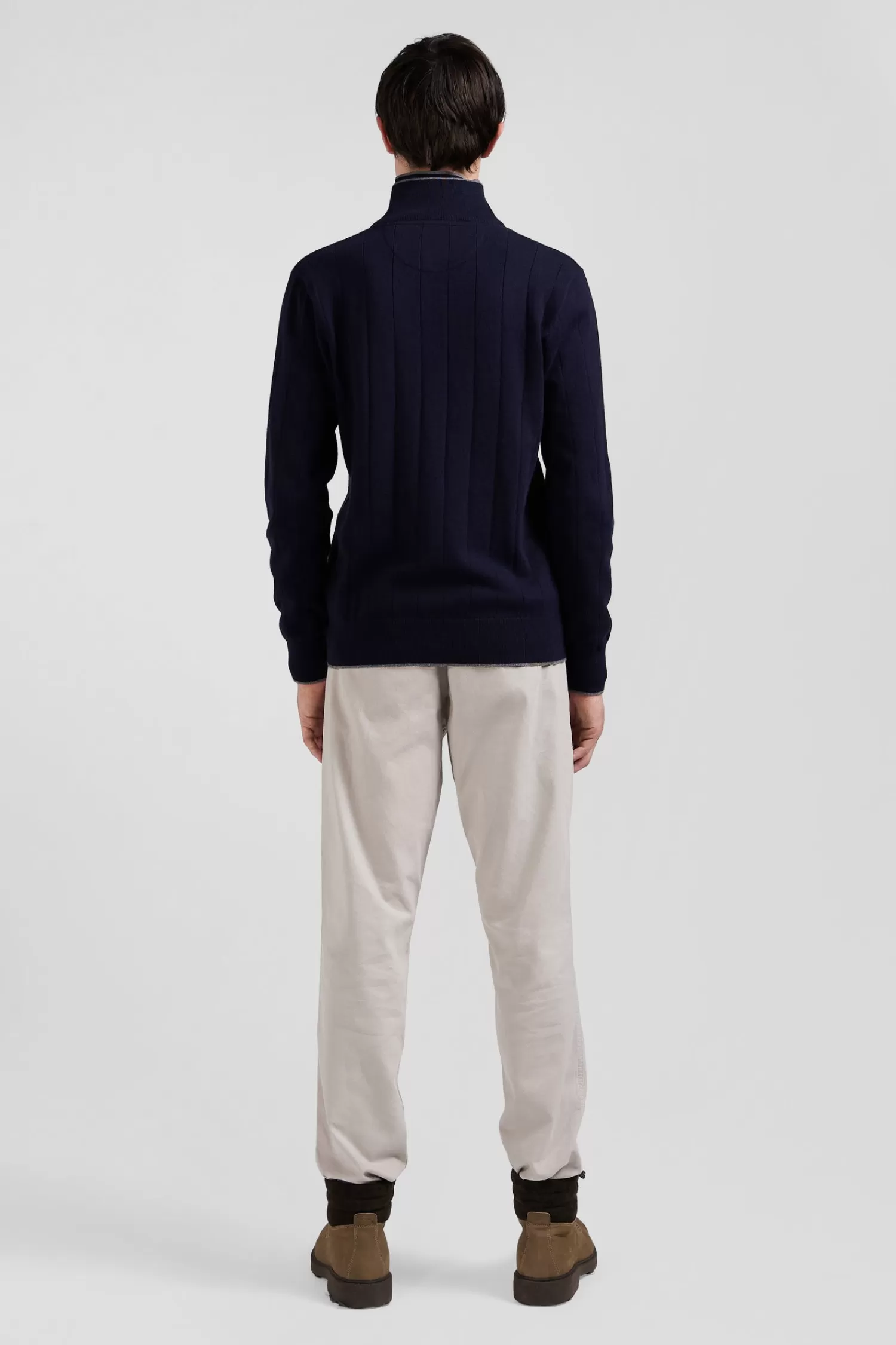 Eden Park Regular navy blue cotton and cashmere zipped cardigan with vertical stripes< Cardigans