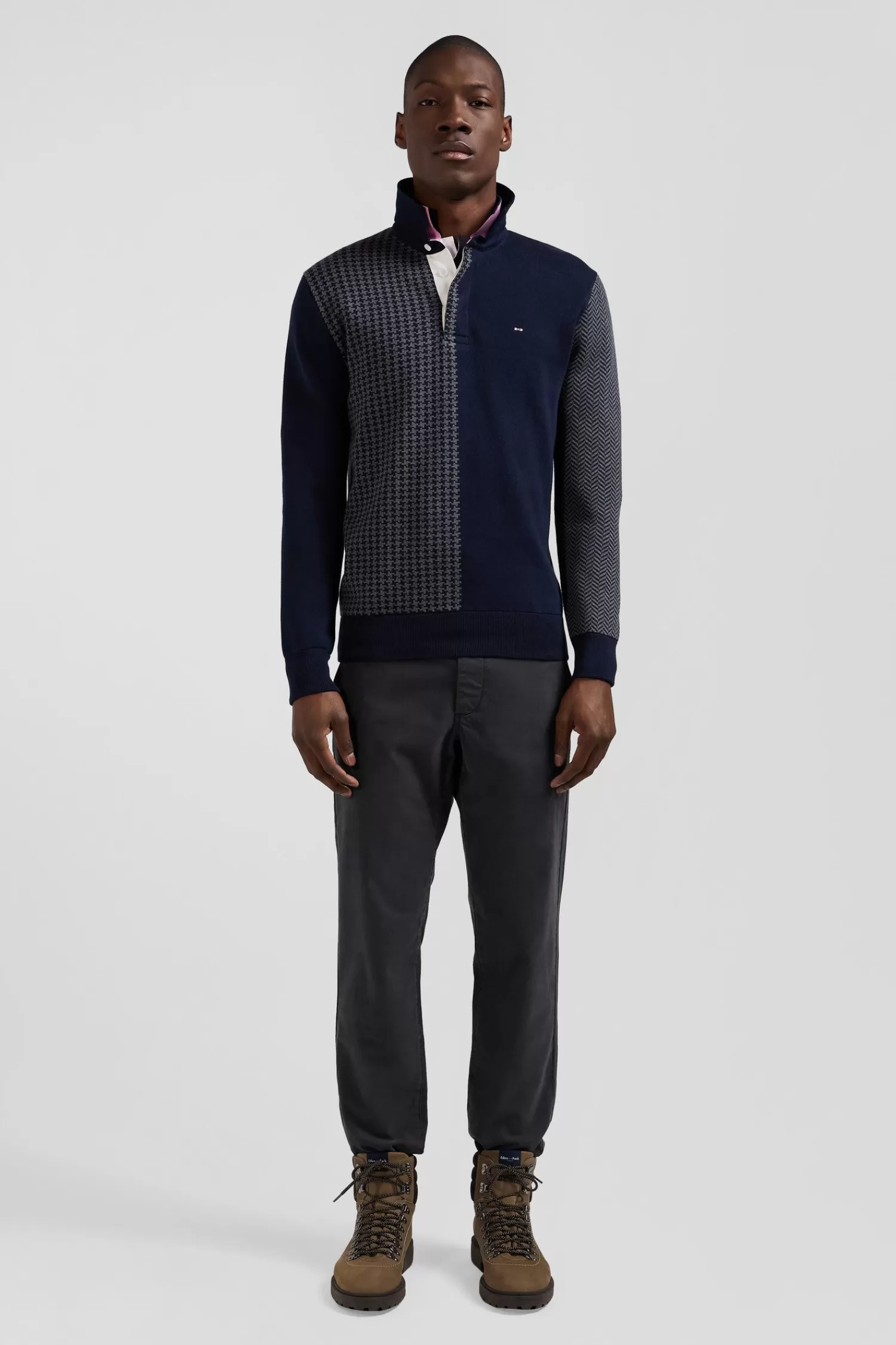 Eden Park Regular navy blue cotton jumper with houndstooth jacquard and rugby shirt collar< Sweaters