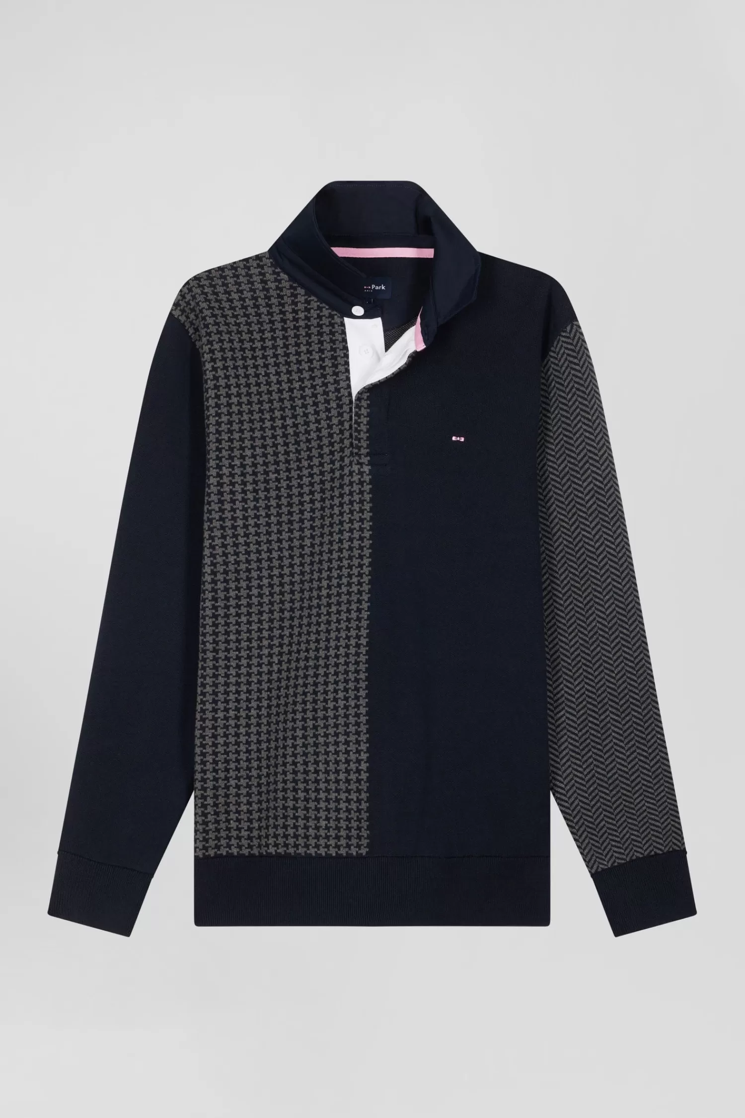 Eden Park Regular navy blue cotton jumper with houndstooth jacquard and rugby shirt collar< Sweaters